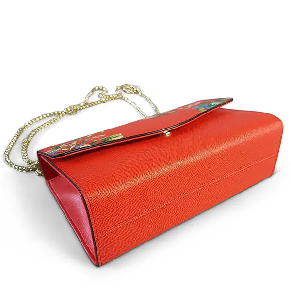 IVANHOE - Addison Road Red Leather Evening Clutch Bag with Tropical Print