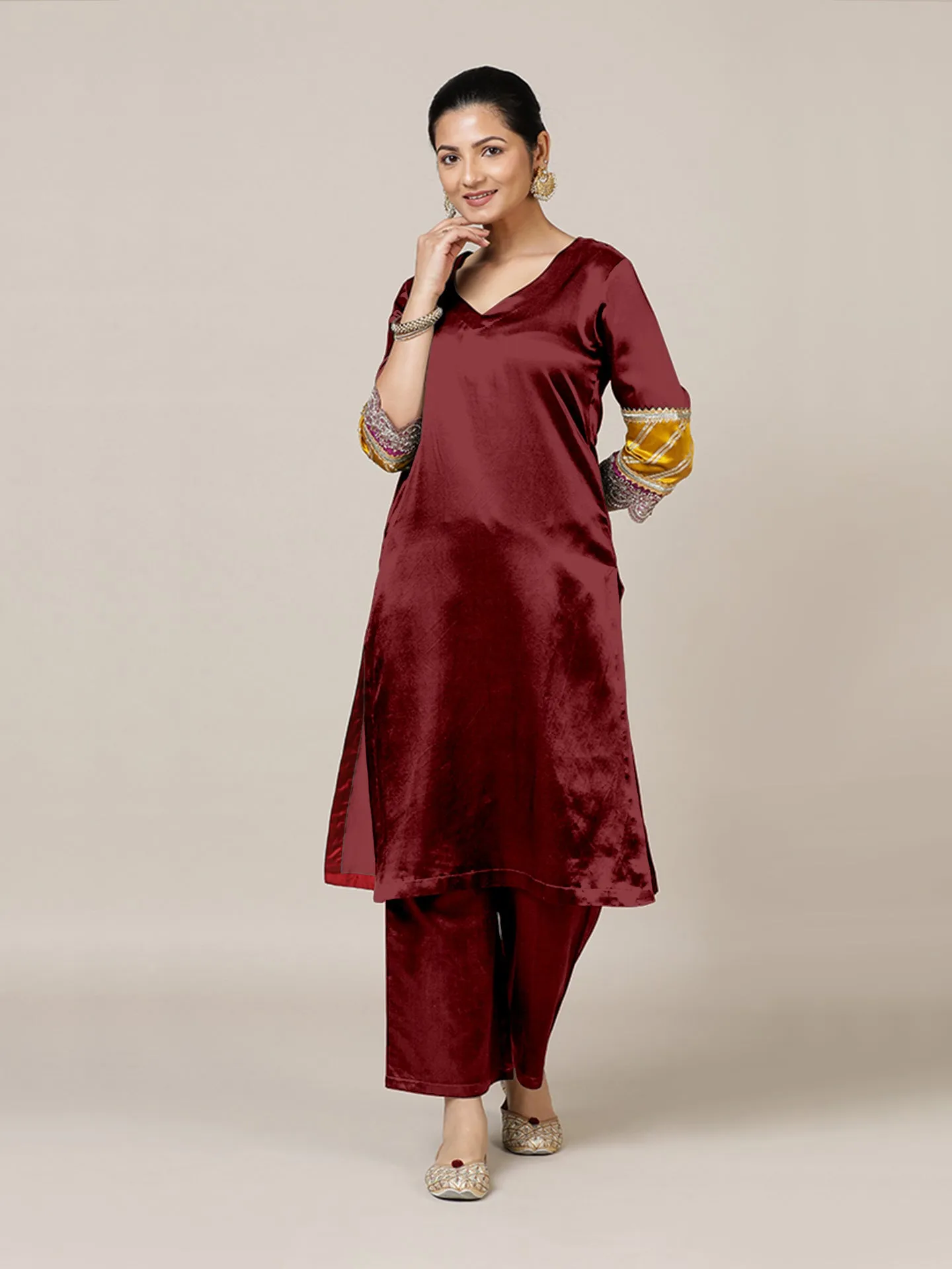 Kainaat x Tyohaar | Garnet Wine Mashru Silk A-Line Kurta with Embroidered Sleeves | Coords or Only Kurta