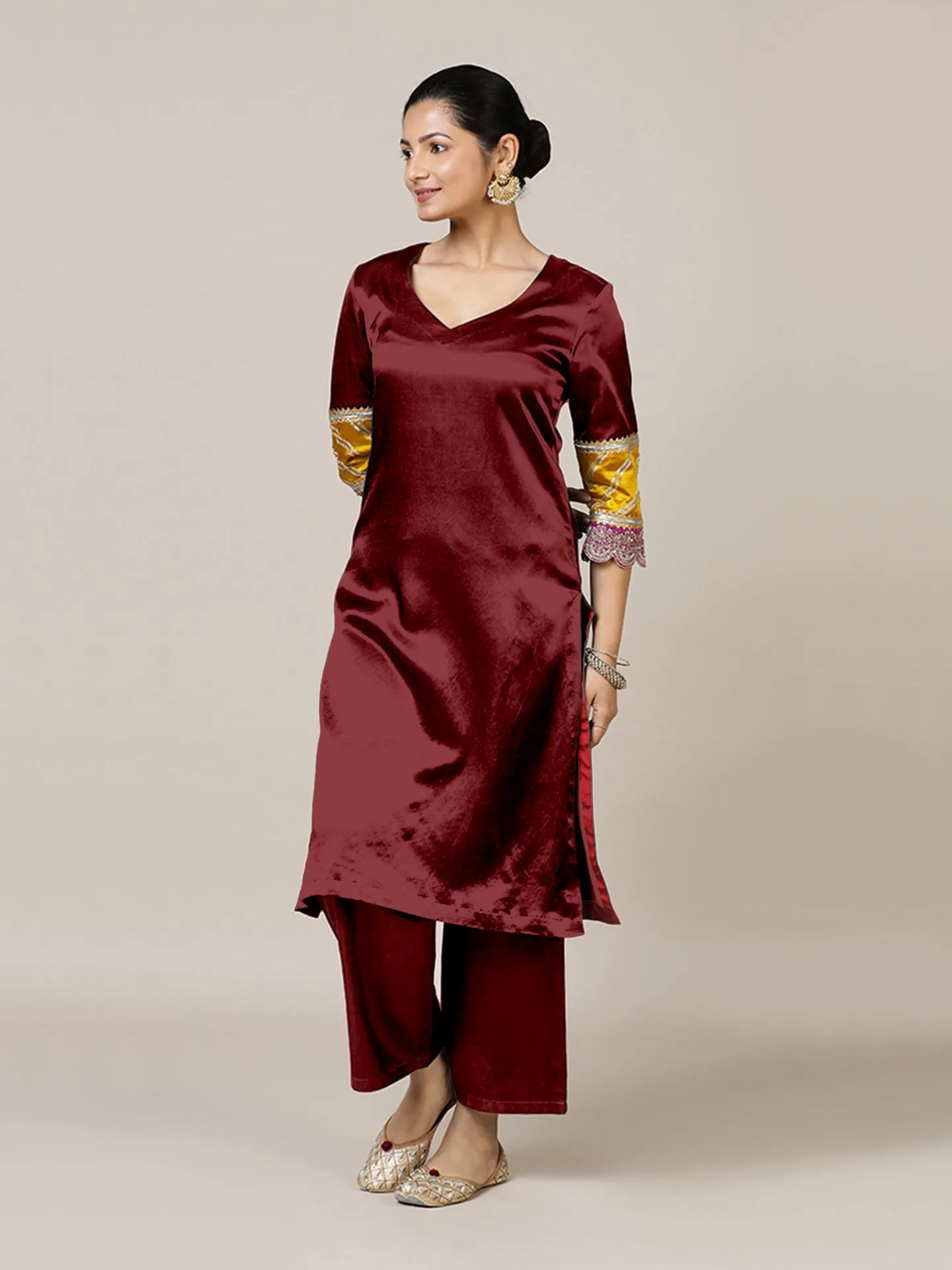 Kainaat x Tyohaar | Garnet Wine Mashru Silk A-Line Kurta with Embroidered Sleeves | Coords or Only Kurta