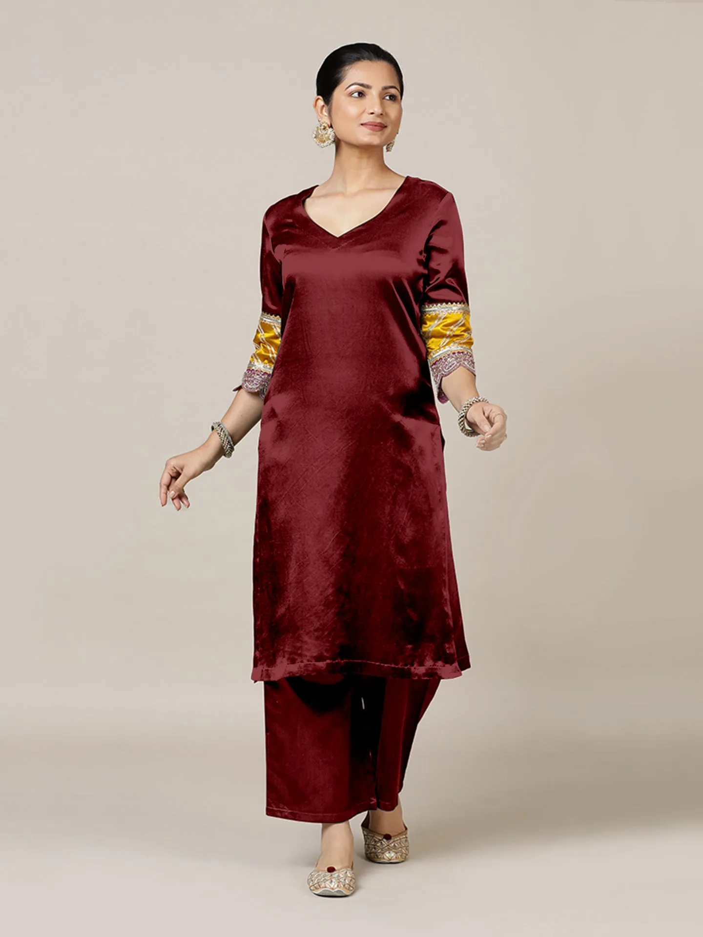 Kainaat x Tyohaar | Garnet Wine Mashru Silk A-Line Kurta with Embroidered Sleeves | Coords or Only Kurta