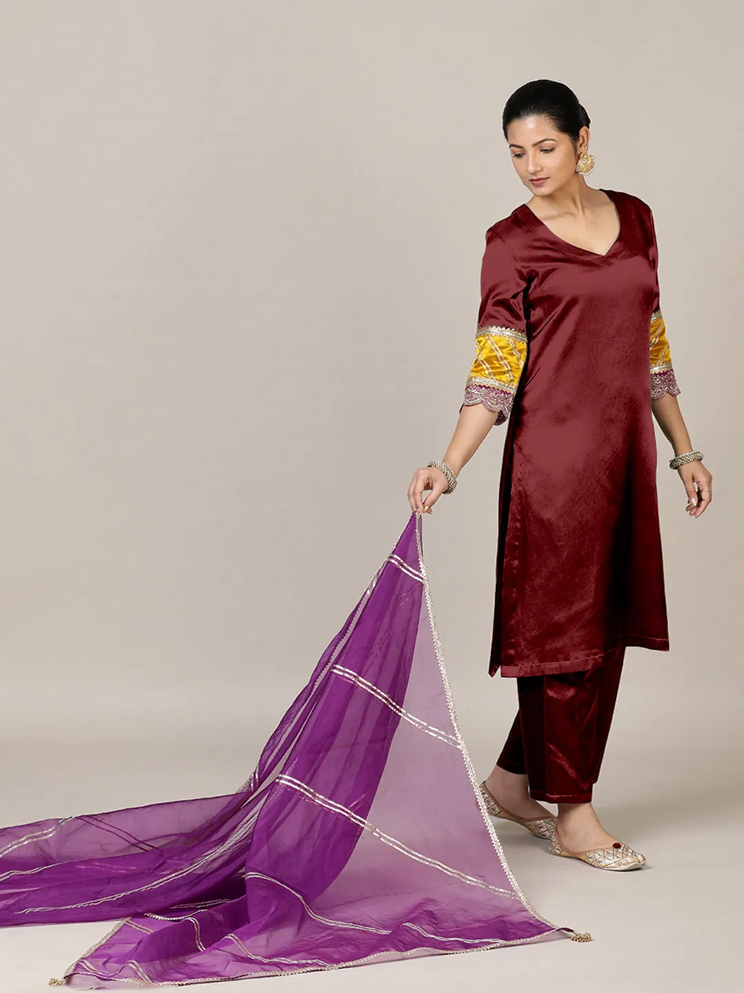 Kainaat x Tyohaar | Garnet Wine Mashru Silk A-Line Kurta with Embroidered Sleeves | Coords or Only Kurta