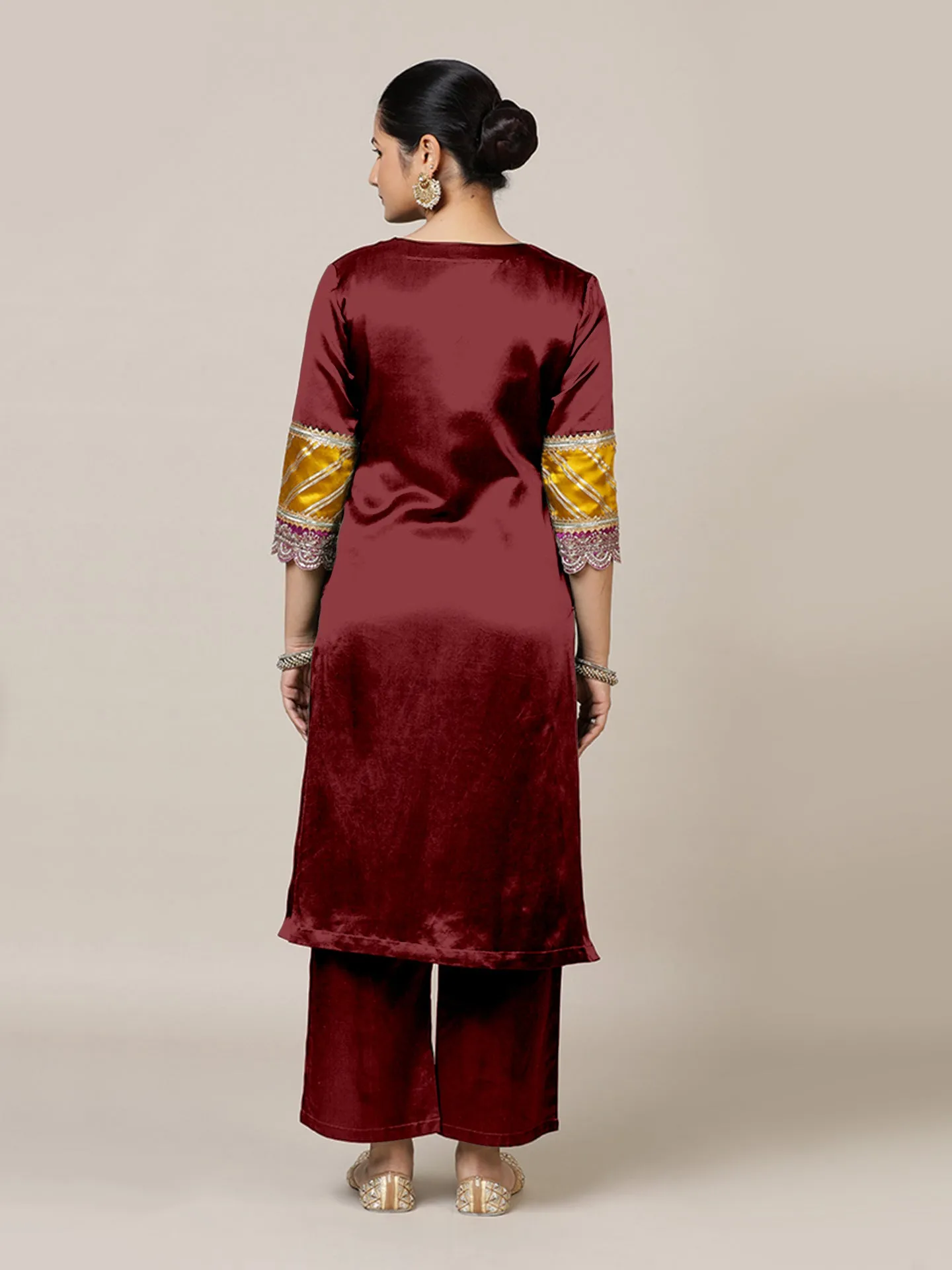 Kainaat x Tyohaar | Garnet Wine Mashru Silk A-Line Kurta with Embroidered Sleeves | Coords or Only Kurta