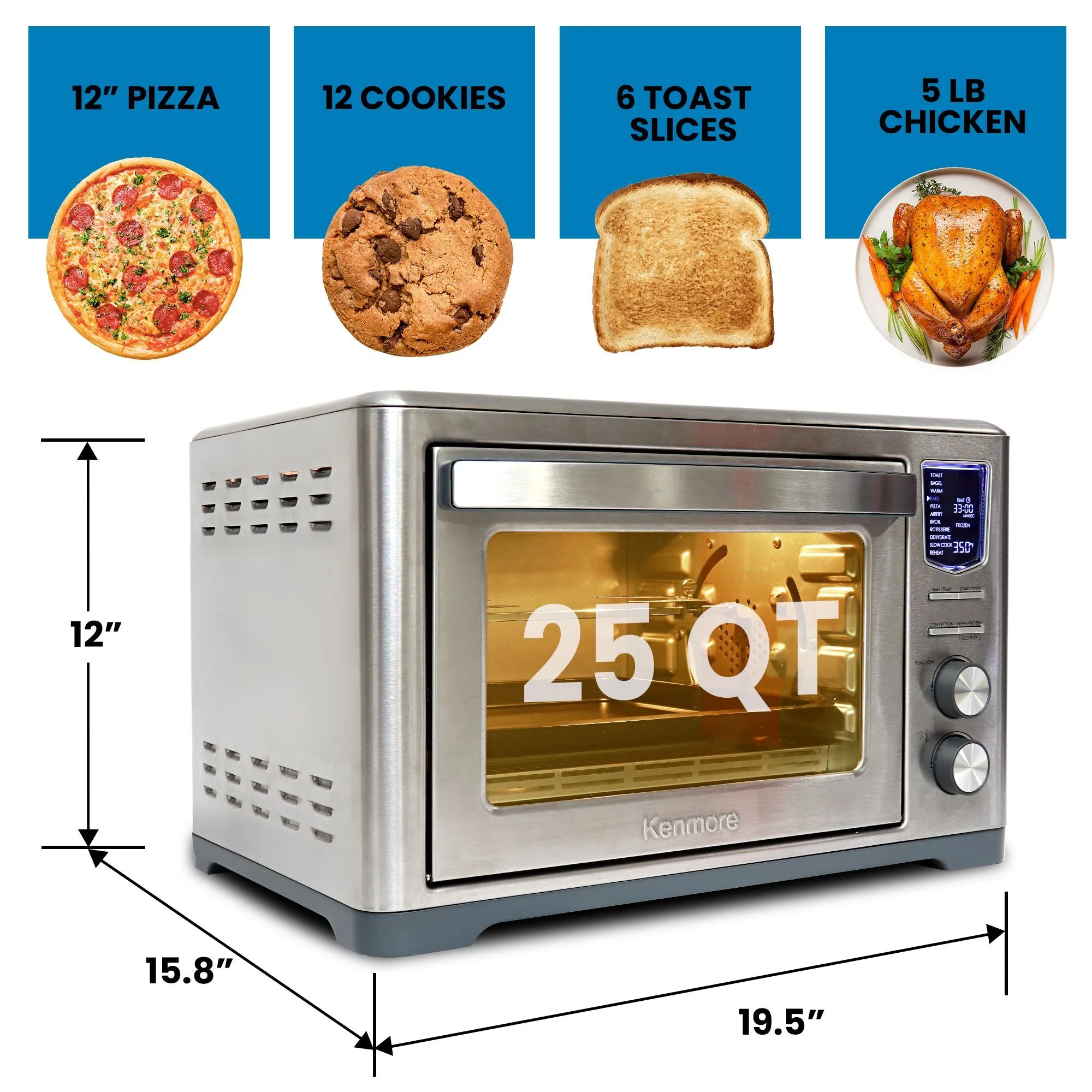 Kenmore 11-In-1 Digital Air Fryer Convection Toaster Oven Rotisserie 25 QT 1700W Countertop Oven, Presets Incl Bake, Pizza, Broil, Slow-Cook & Dehydrate, Dishwasher-Safe Accessories, Stainless Steel