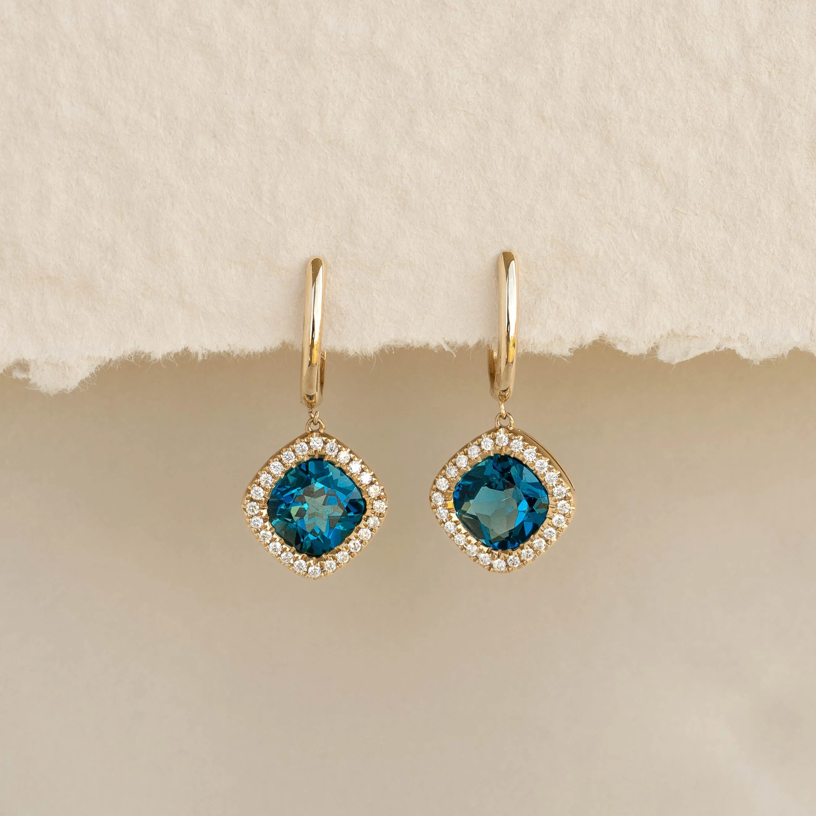 London Blue Topaz and Diamond Halo Drop Earrings 14k Gold - Elvira