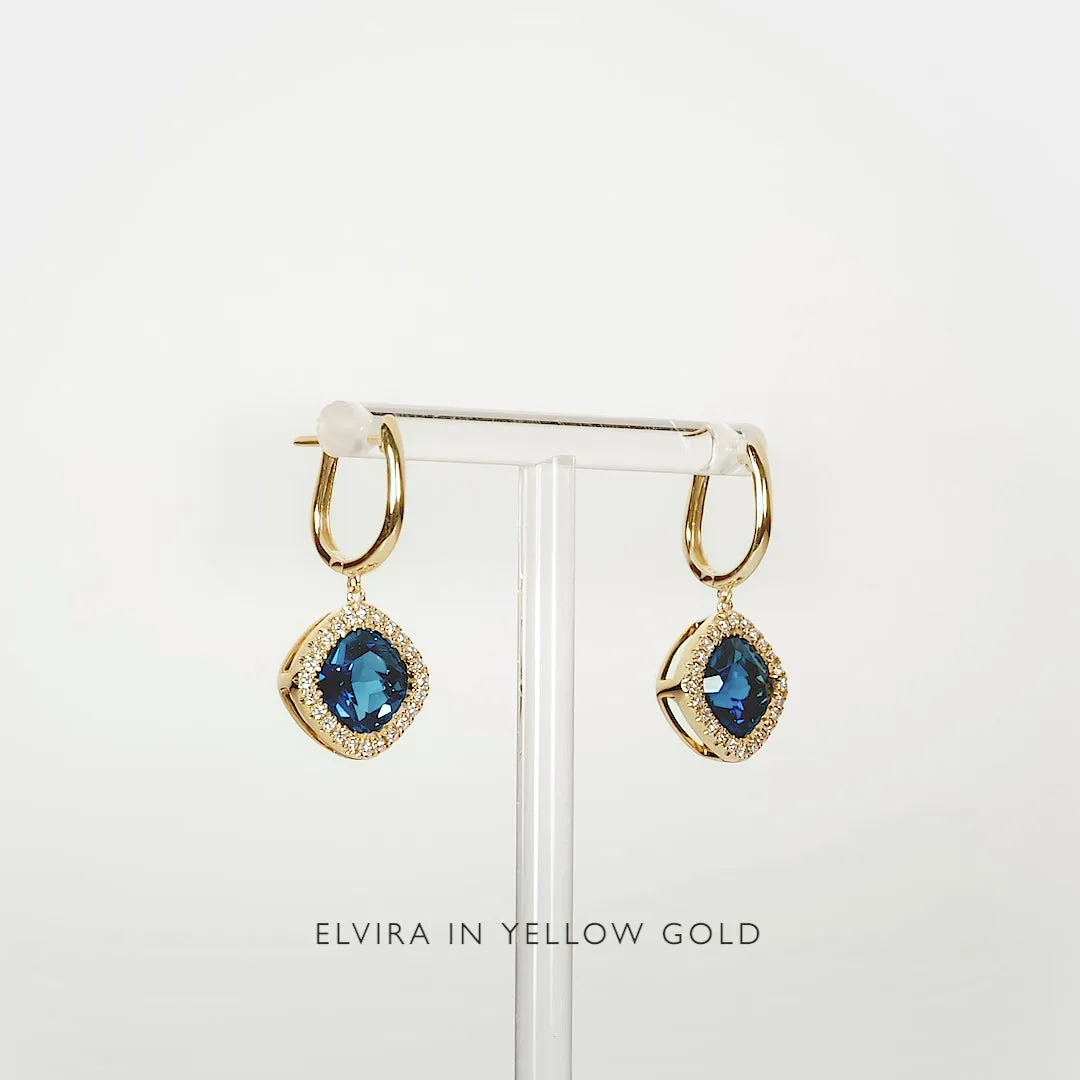 London Blue Topaz and Diamond Halo Drop Earrings 14k Gold - Elvira