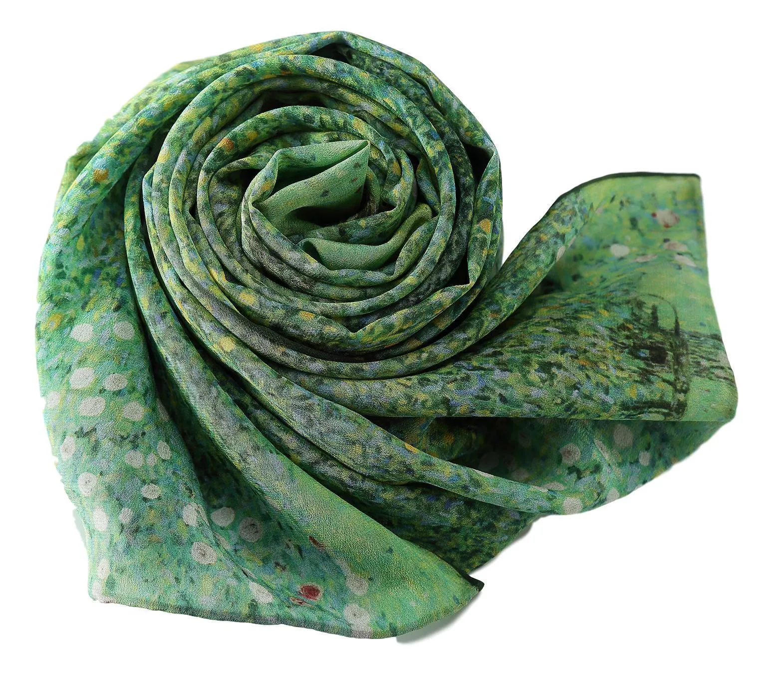 Long Crepe Silk Scarf Green Theme Classic Painting LSZ024