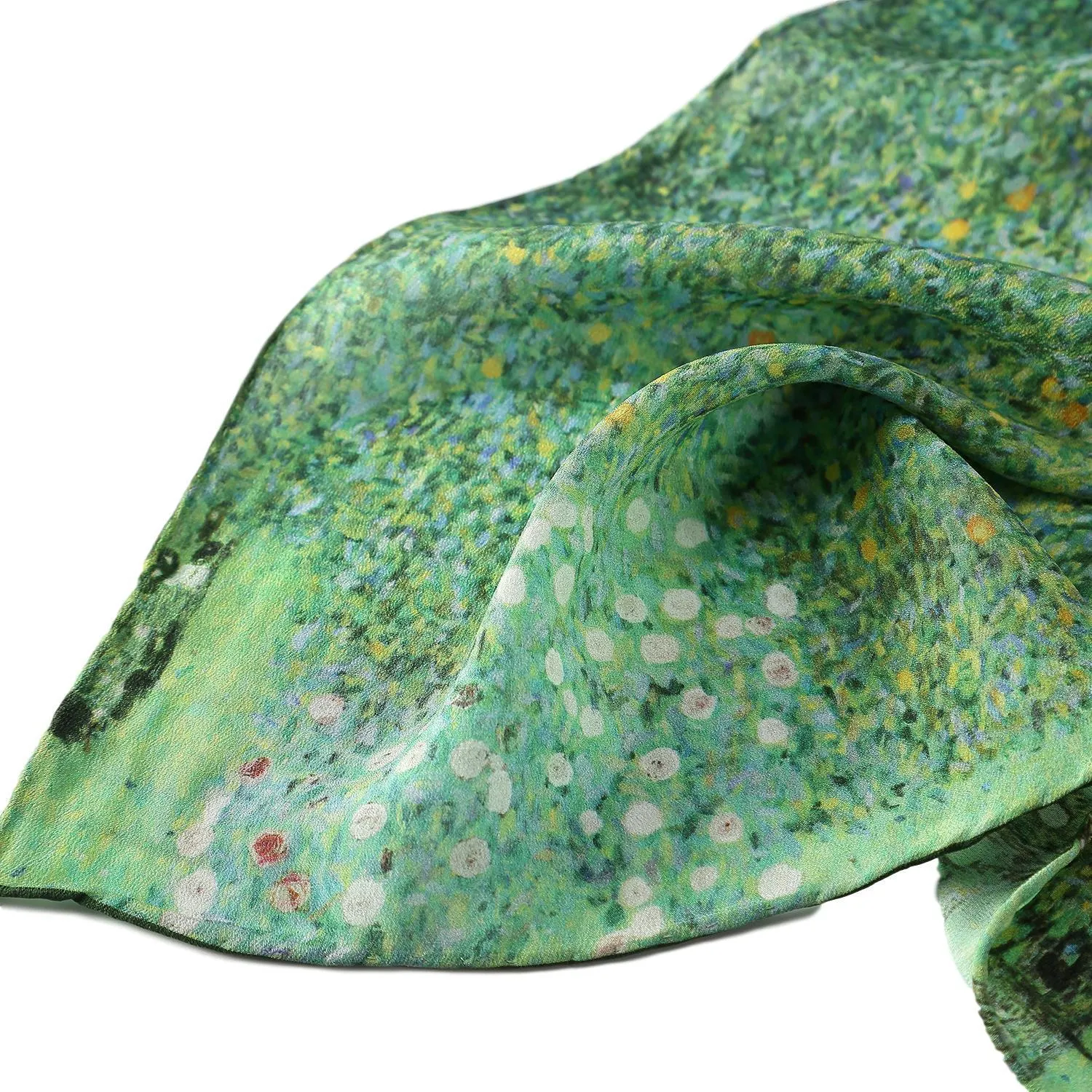 Long Crepe Silk Scarf Green Theme Classic Painting LSZ024