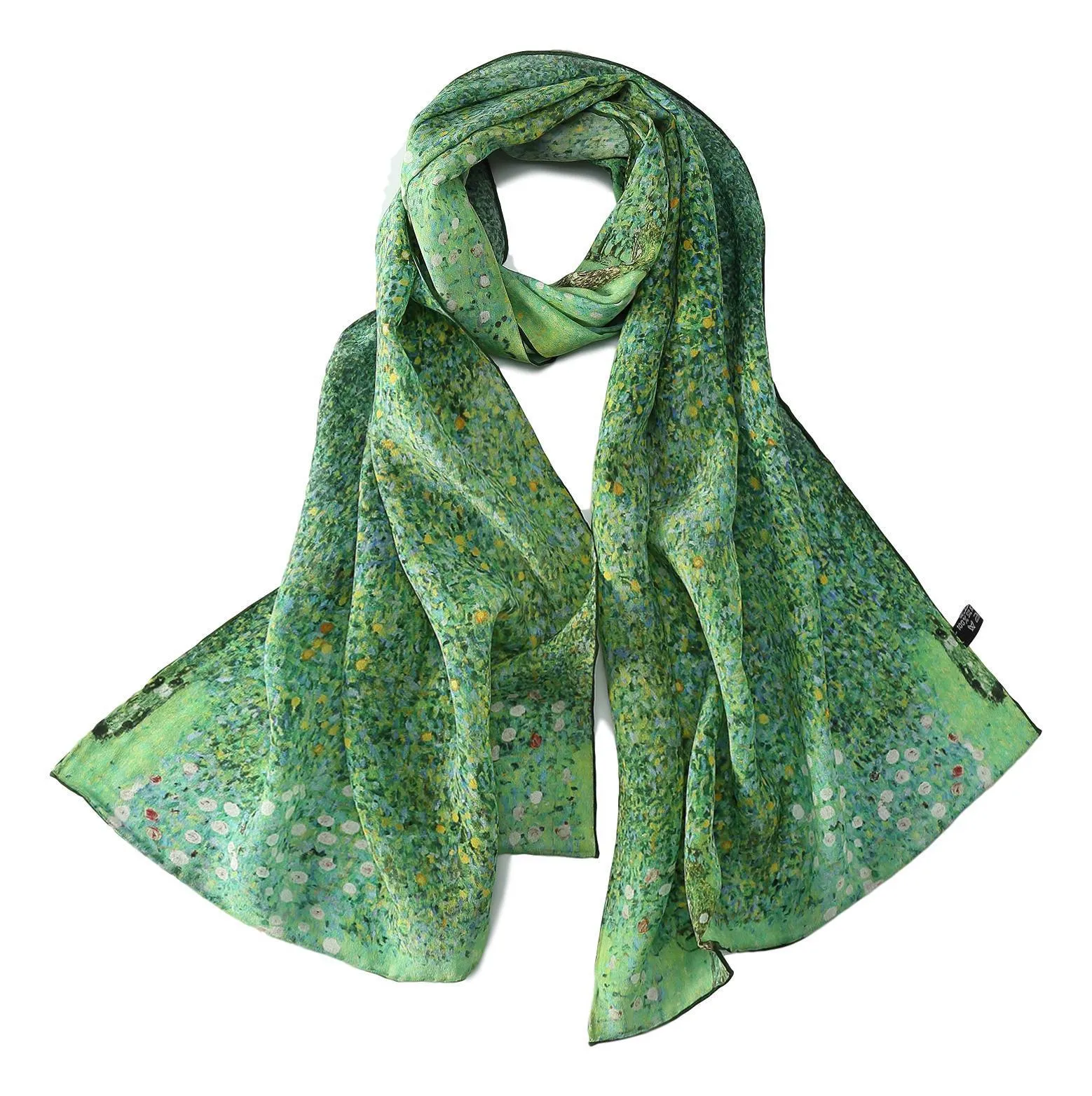 Long Crepe Silk Scarf Green Theme Classic Painting LSZ024