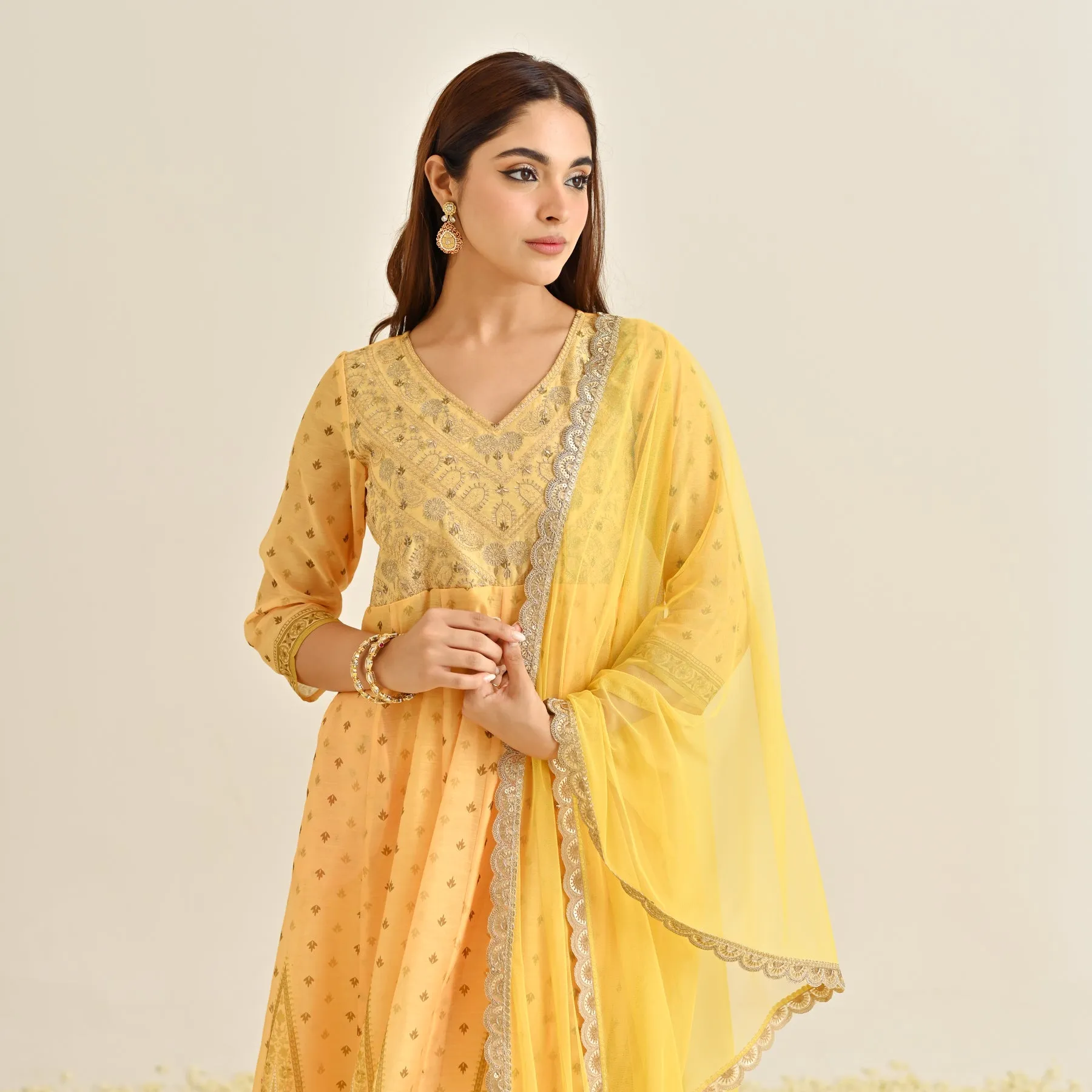 Mango Yellow Traditional Anarkali Set with Yoke Embroidery & Dupatta