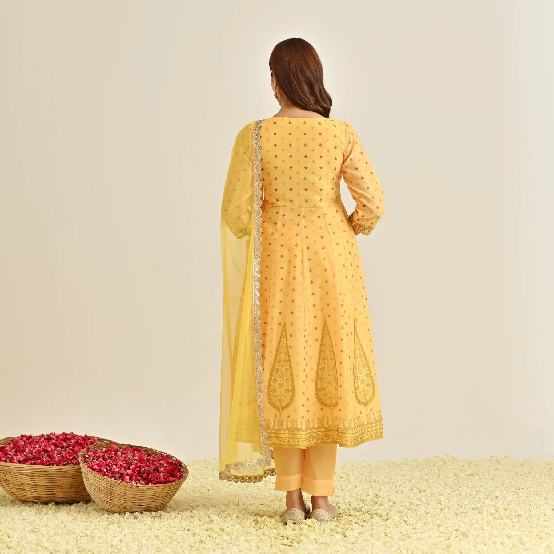 Mango Yellow Traditional Anarkali Set with Yoke Embroidery & Dupatta