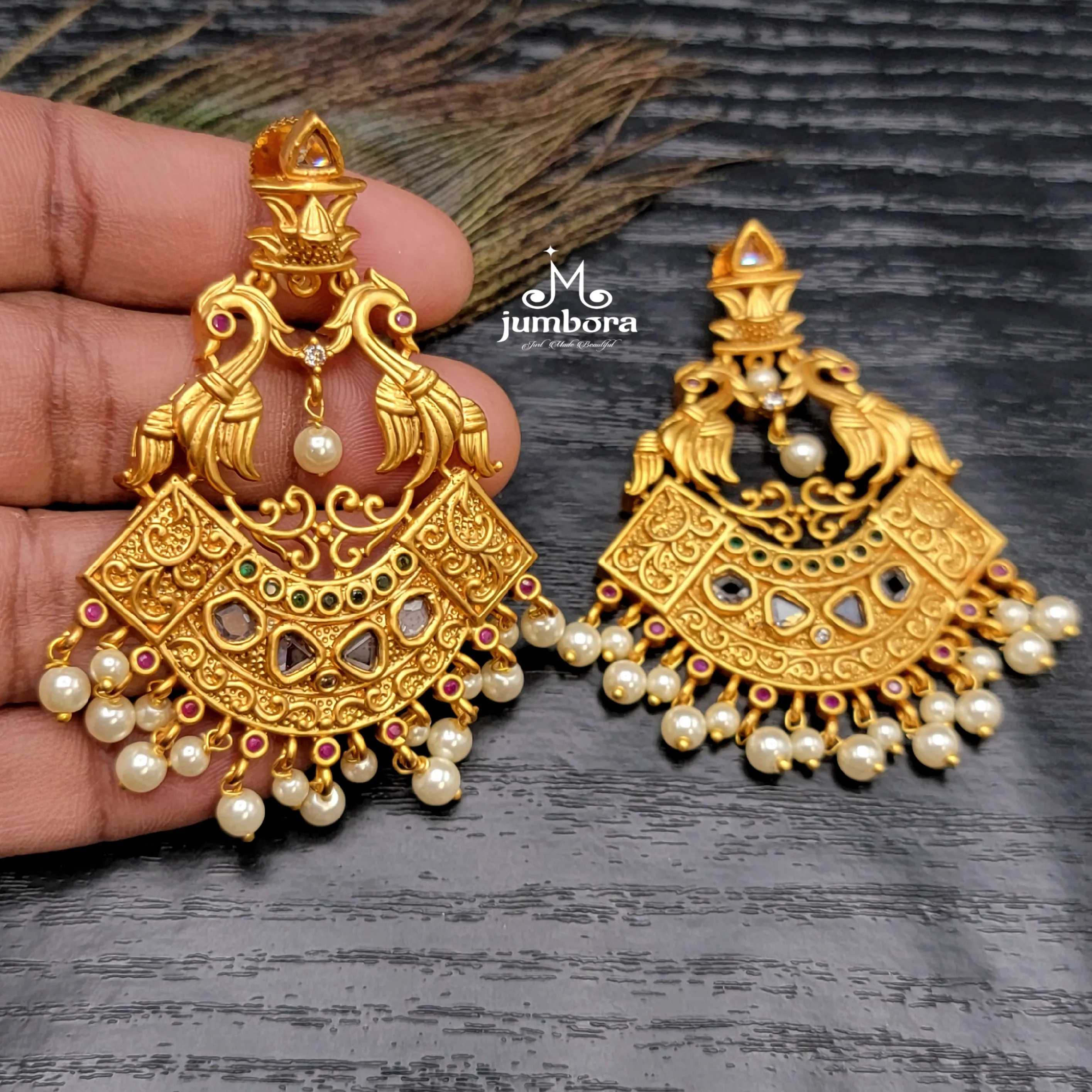 Matte Gold Peacock Uncut Diamond Alike Earring