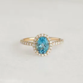 Oval Swiss Blue Topaz Halo Ring 14k Gold - Suna