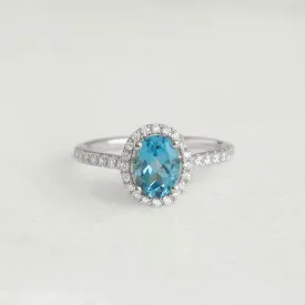 Oval Swiss Blue Topaz Halo Ring White Gold - Suna