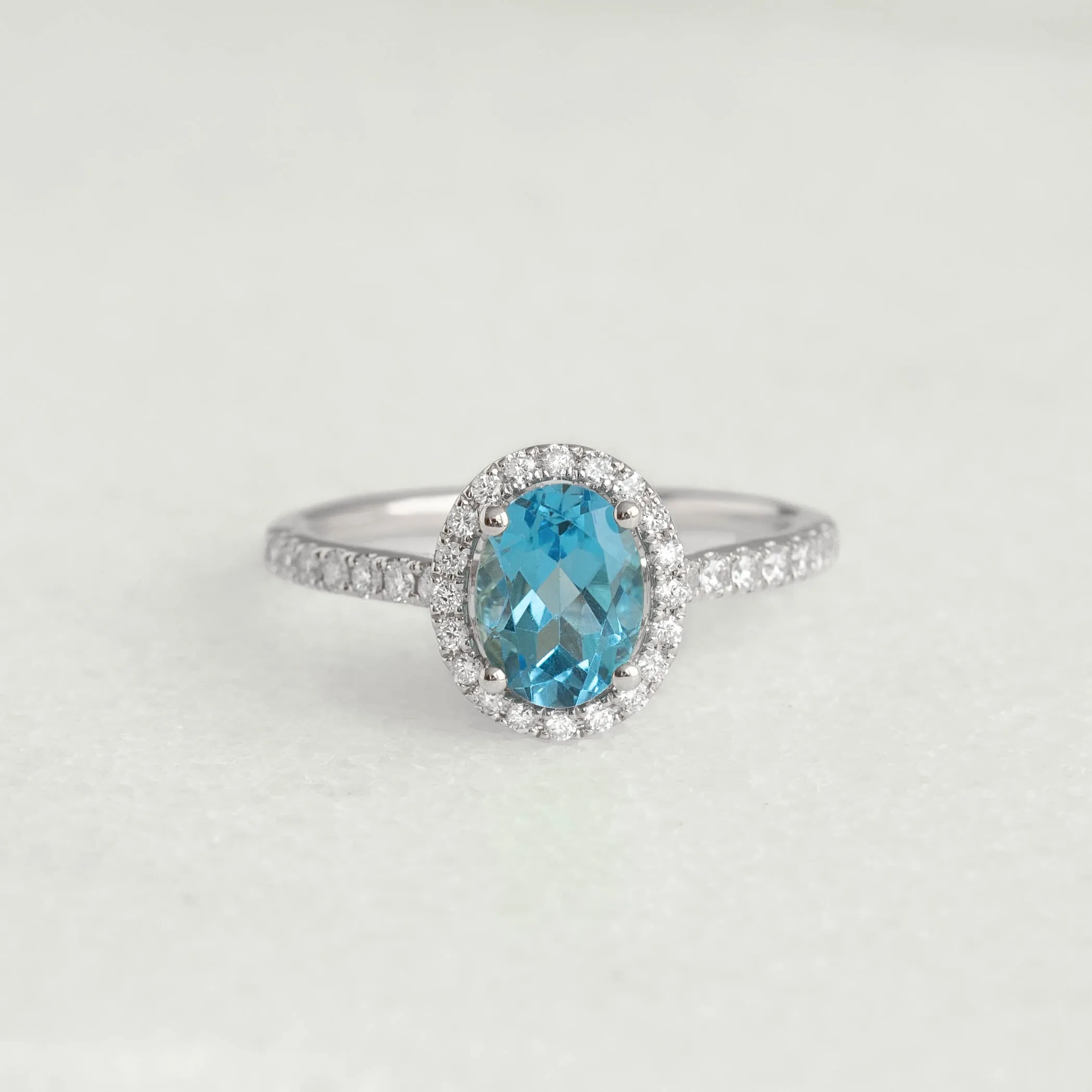 Oval Swiss Blue Topaz Halo Ring White Gold - Suna