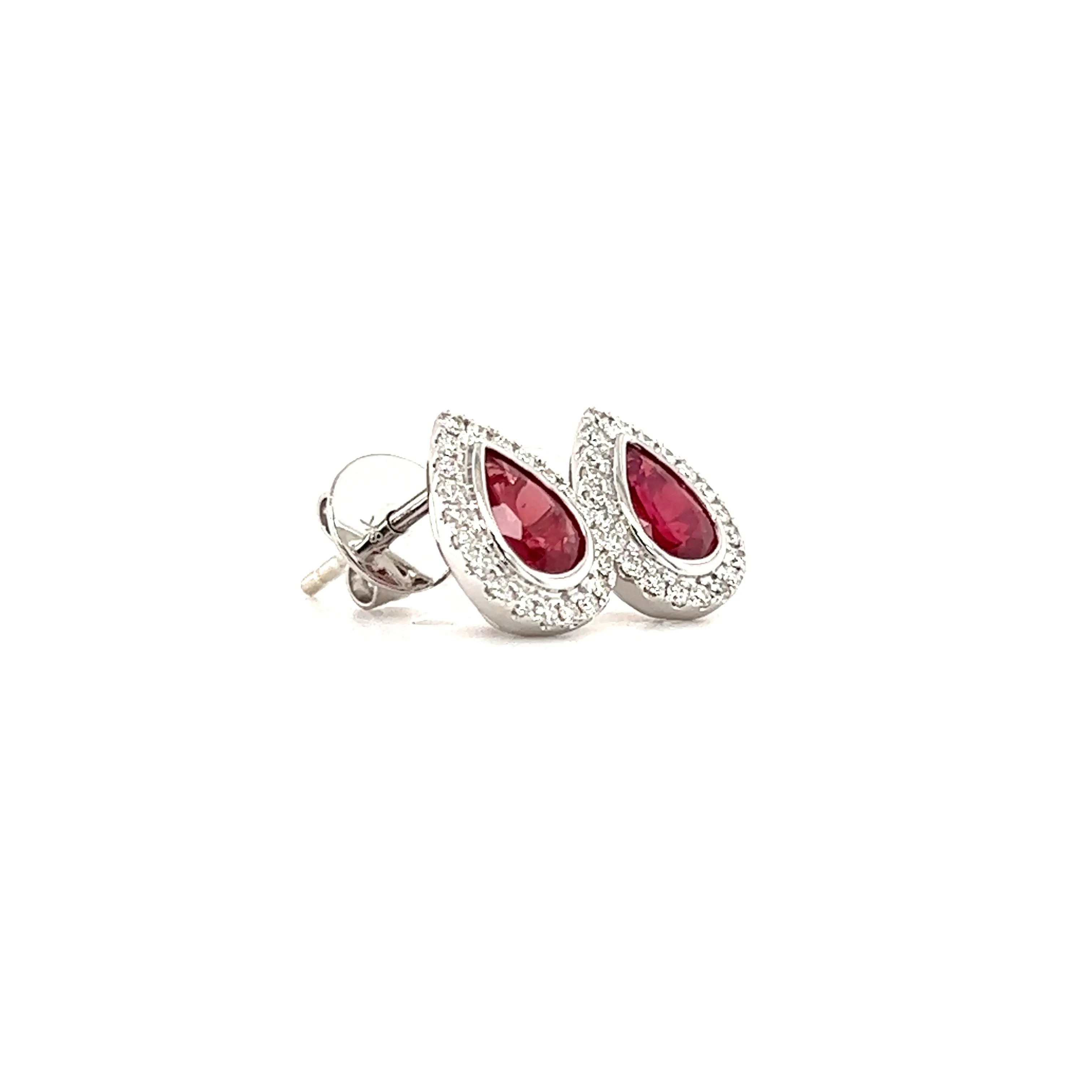 Pear Ruby Stud Earrings with Diamond Halo in 18K White Gold