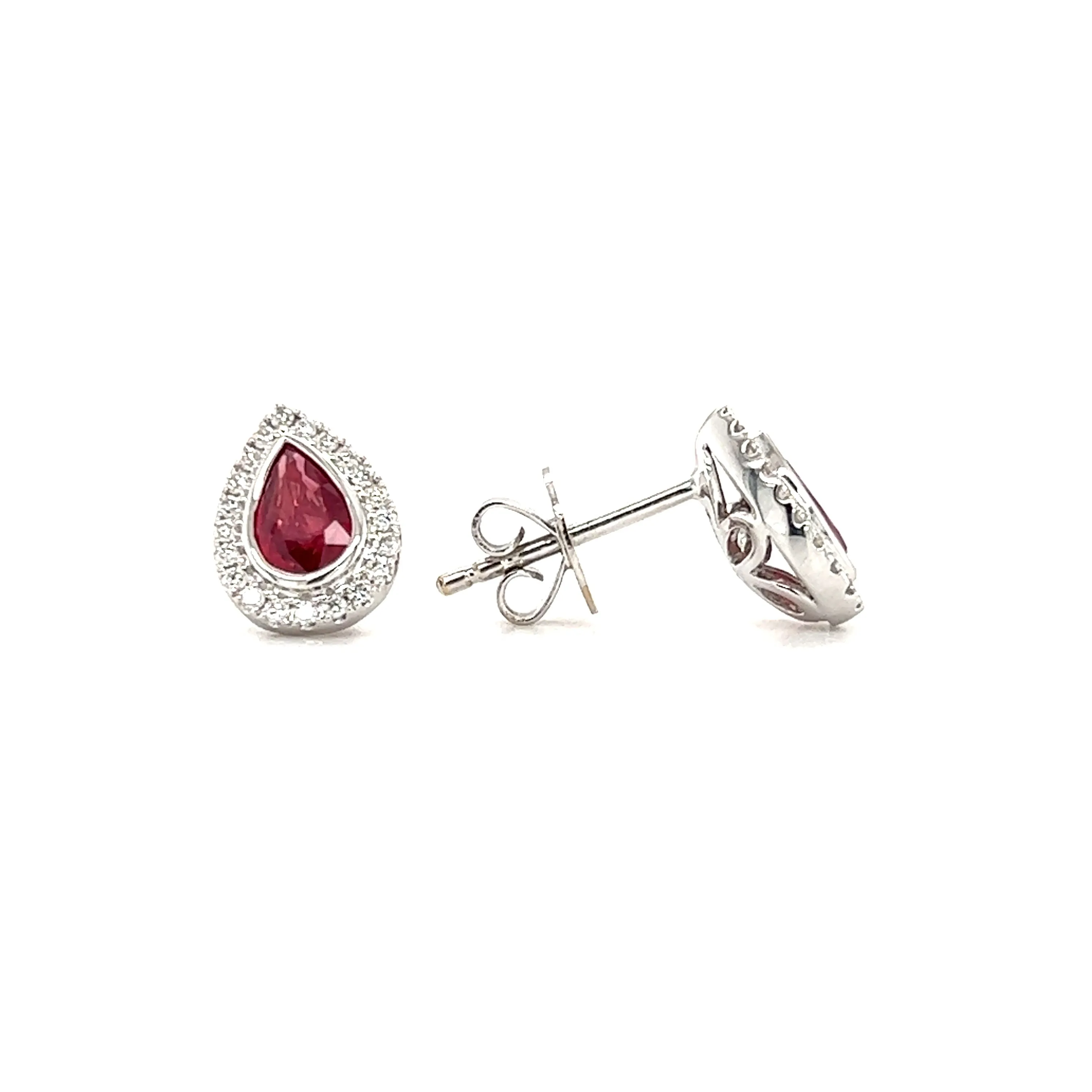 Pear Ruby Stud Earrings with Diamond Halo in 18K White Gold