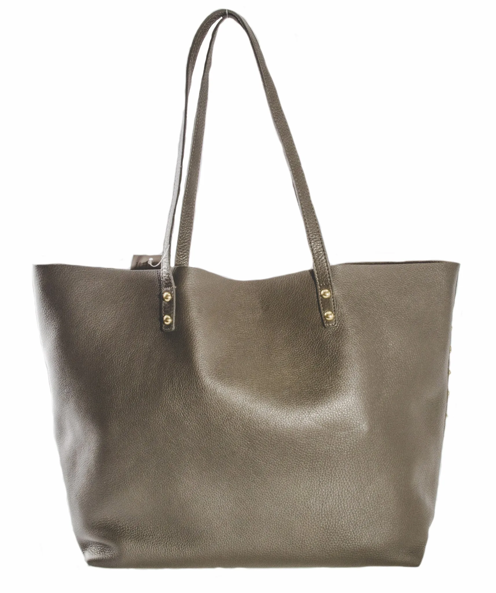 Pietro NYC Unlined Pebble Grain Studded Leather Tote in Charcoal Gray