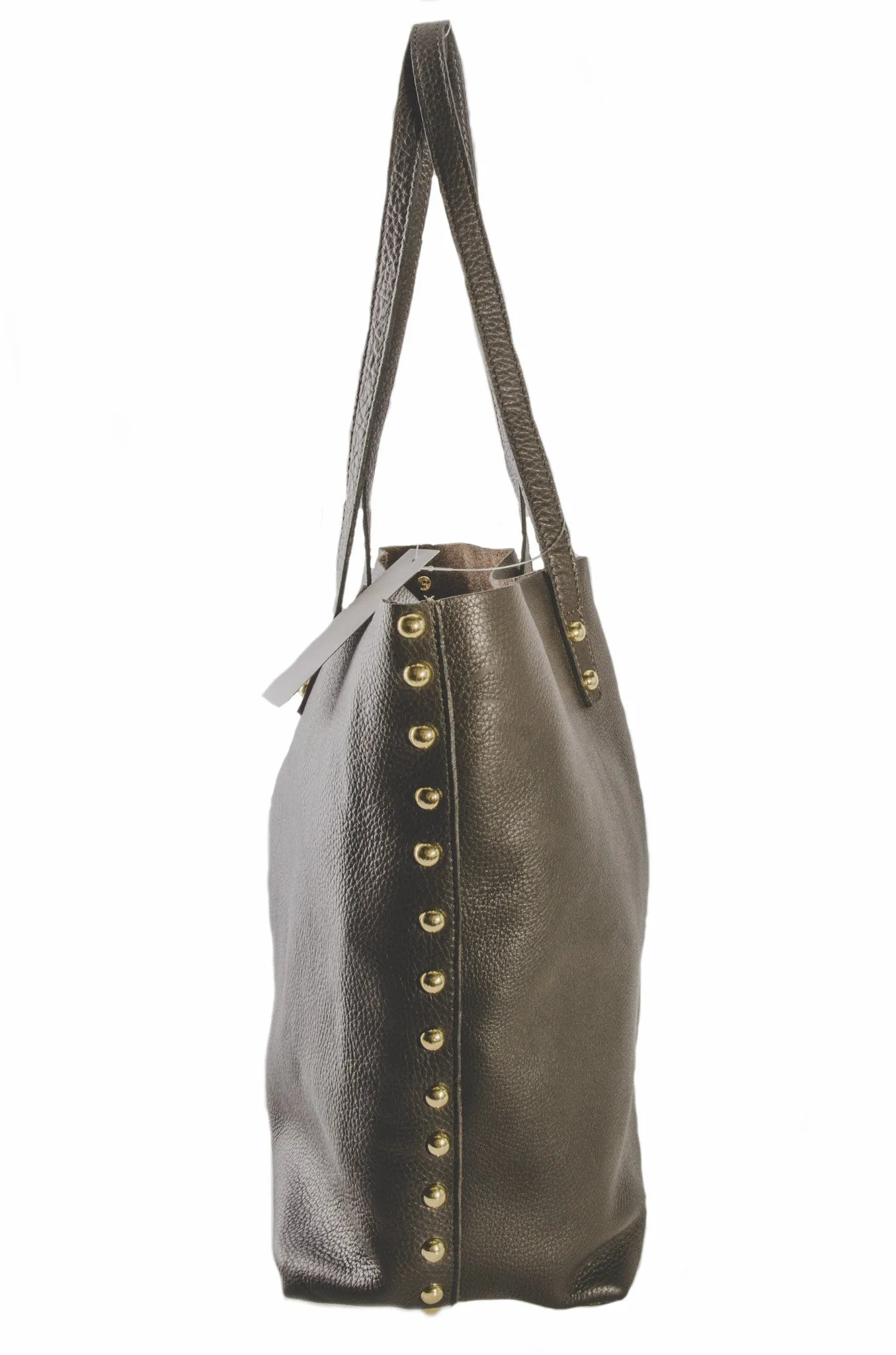 Pietro NYC Unlined Pebble Grain Studded Leather Tote in Charcoal Gray