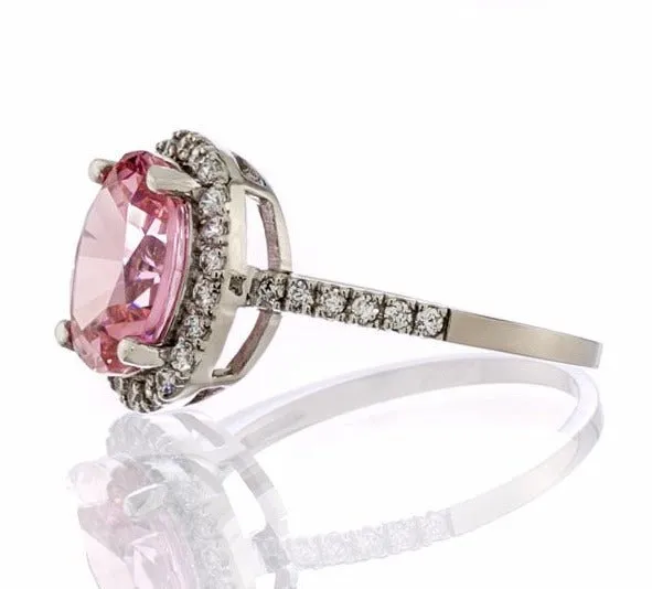 Pink Cubic Zirconia Halo Engagement Ring In Sterling Silver