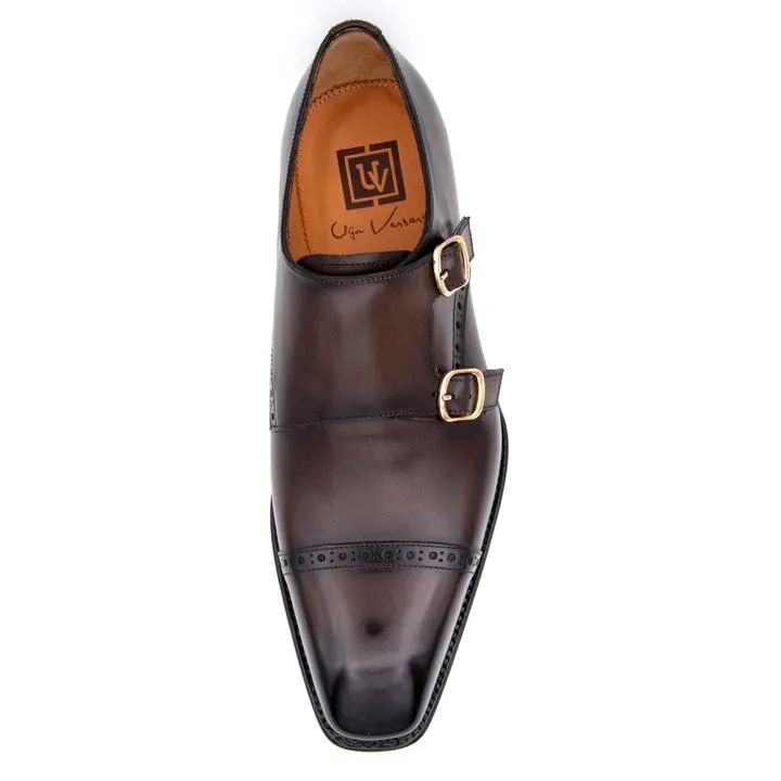 "Ryan" Burnished Calfskin Double Monkstrap Brown