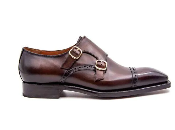 "Ryan" Burnished Calfskin Double Monkstrap Brown