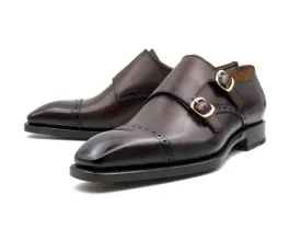 "Ryan" Burnished Calfskin Double Monkstrap Brown