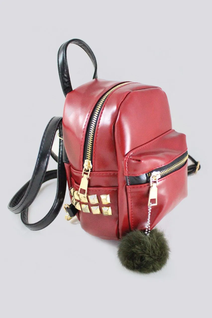 Red and Gold Studded Patent Leather Mini Backpack