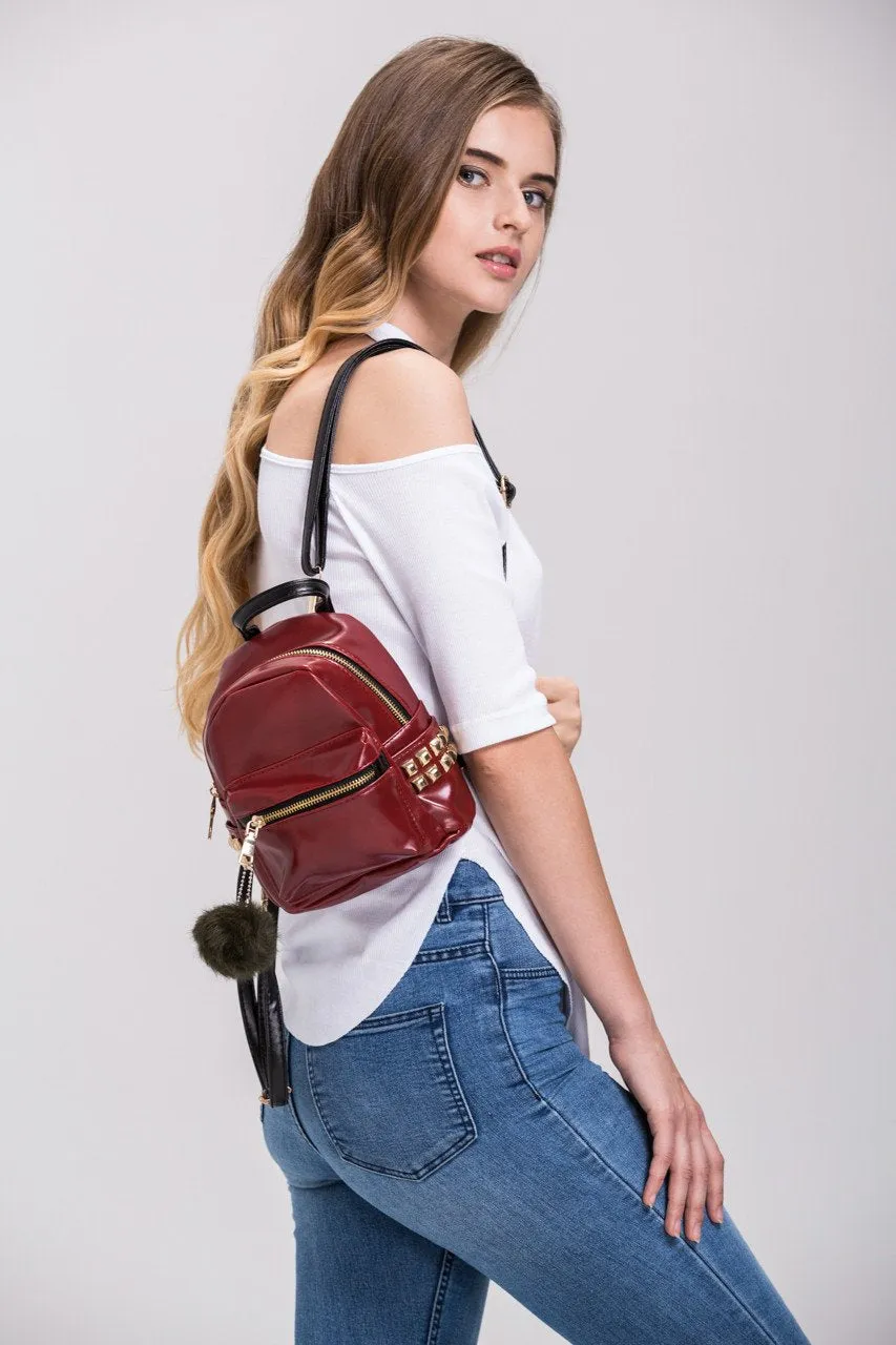 Red and Gold Studded Patent Leather Mini Backpack