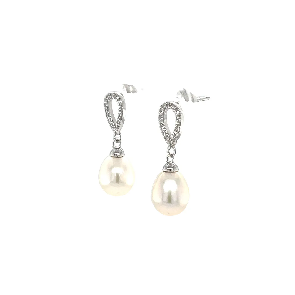 Rice Pearl Dangle Earrings with White Crystals in Sterling Silver