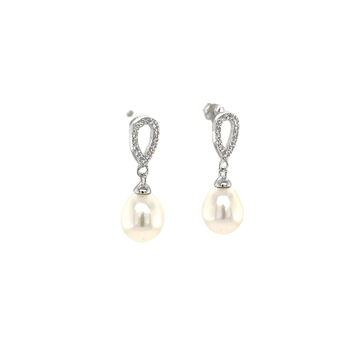 Rice Pearl Dangle Earrings with White Crystals in Sterling Silver