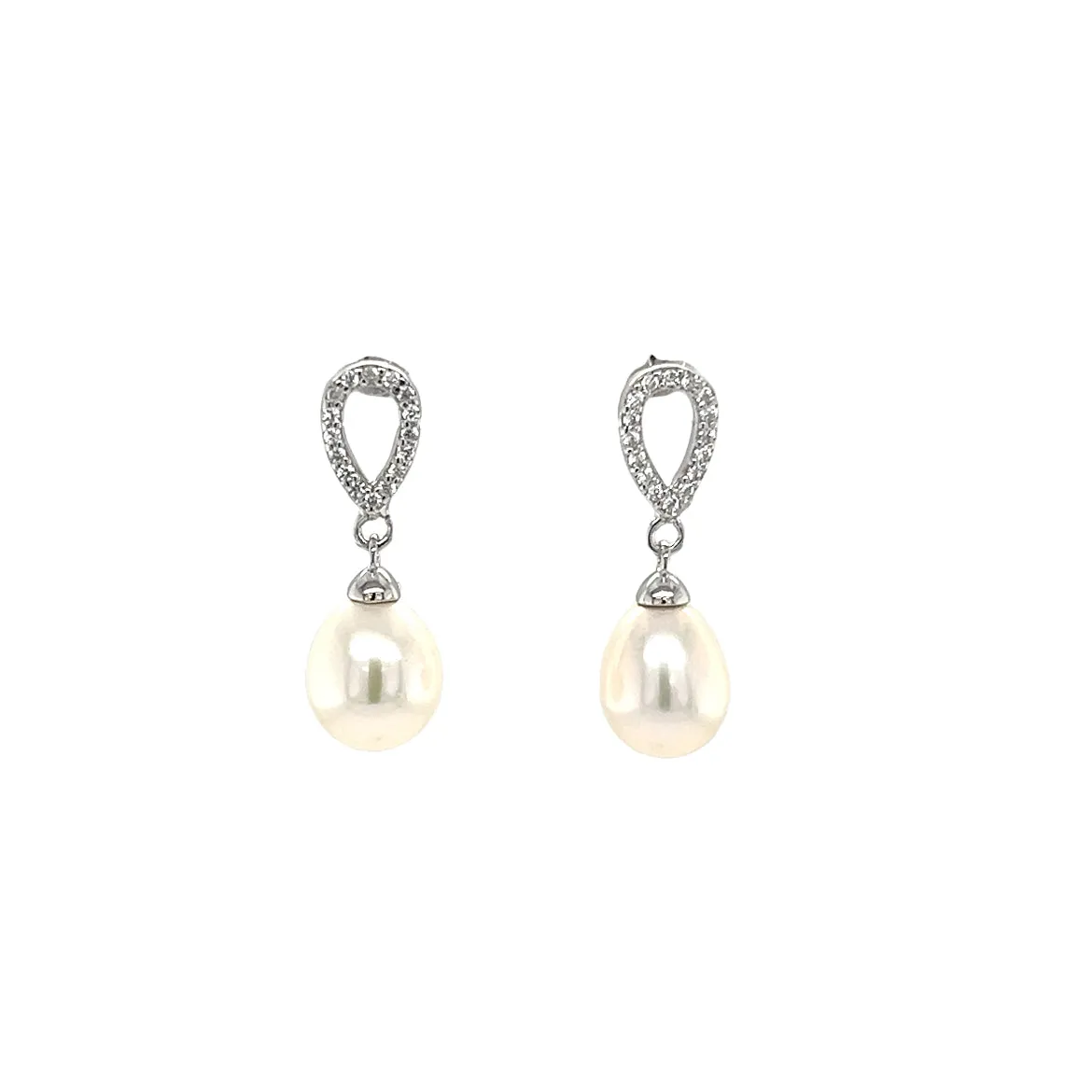 Rice Pearl Dangle Earrings with White Crystals in Sterling Silver