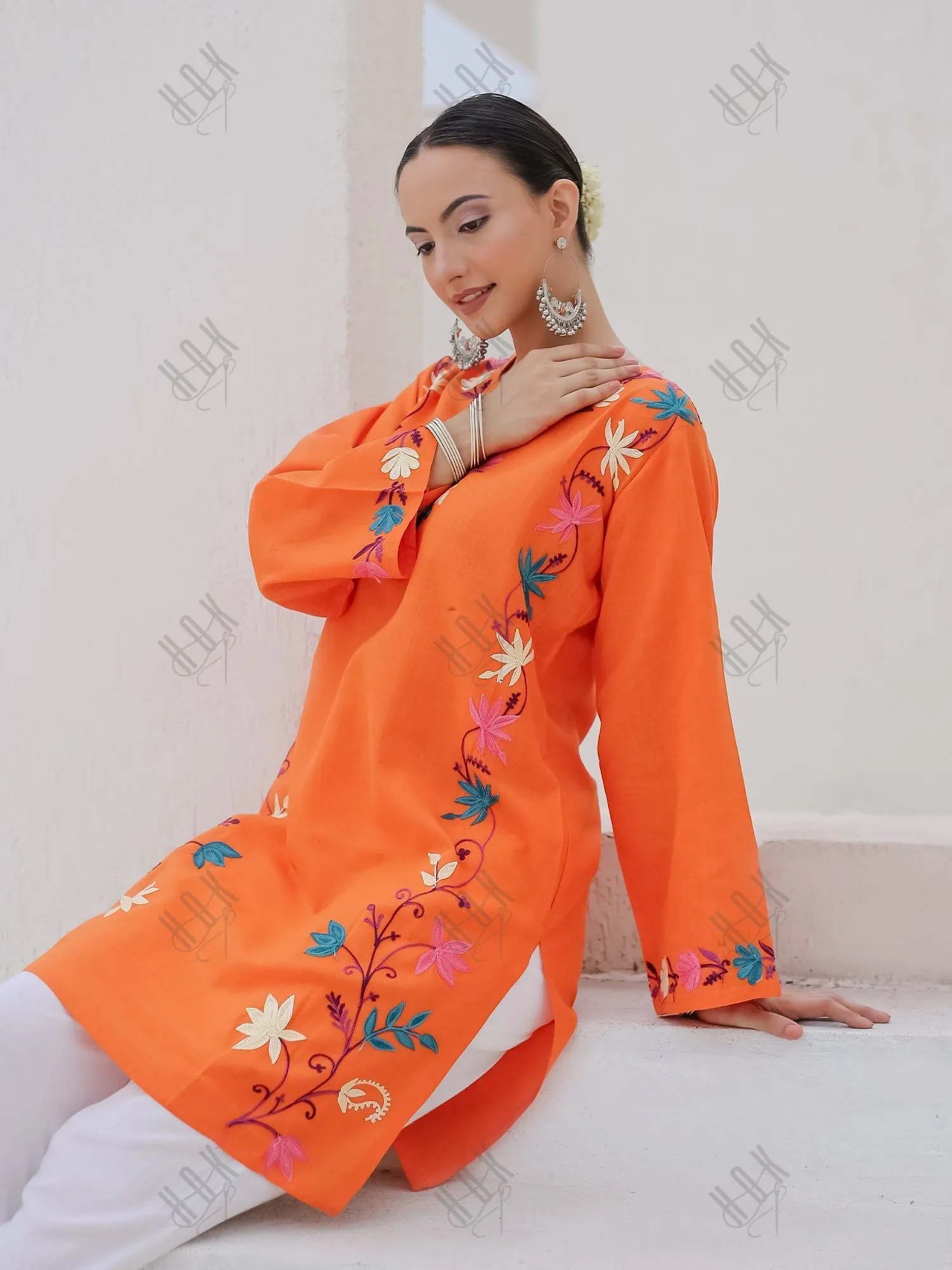 Rishita in Falak Kashmiri Long Kurta - Orange