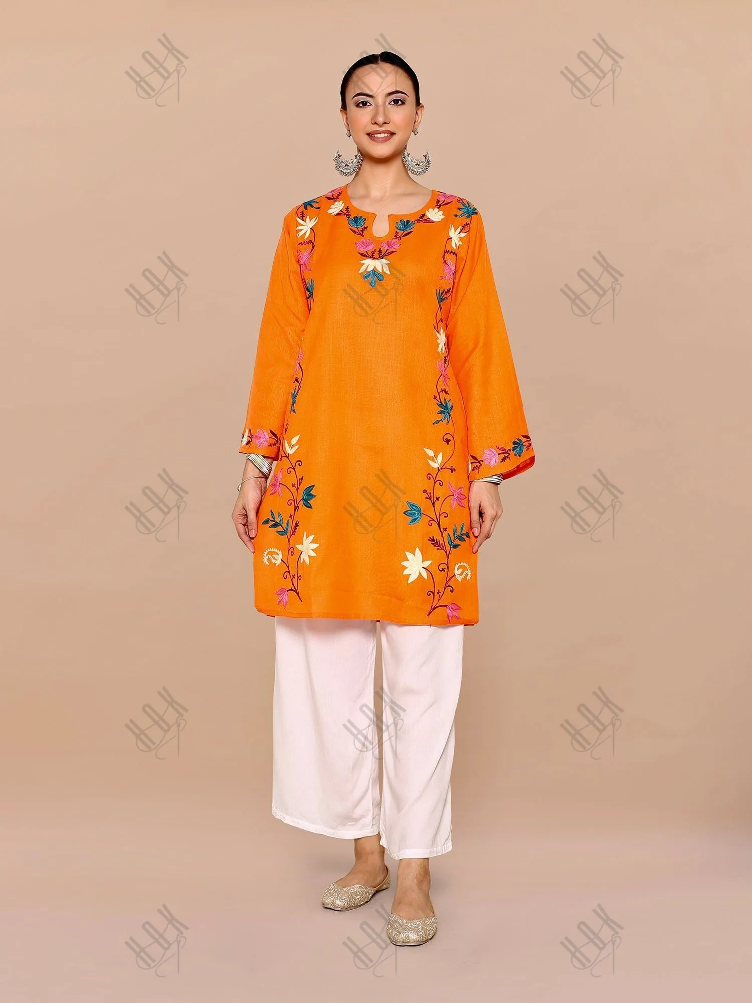 Rishita in Falak Kashmiri Long Kurta - Orange