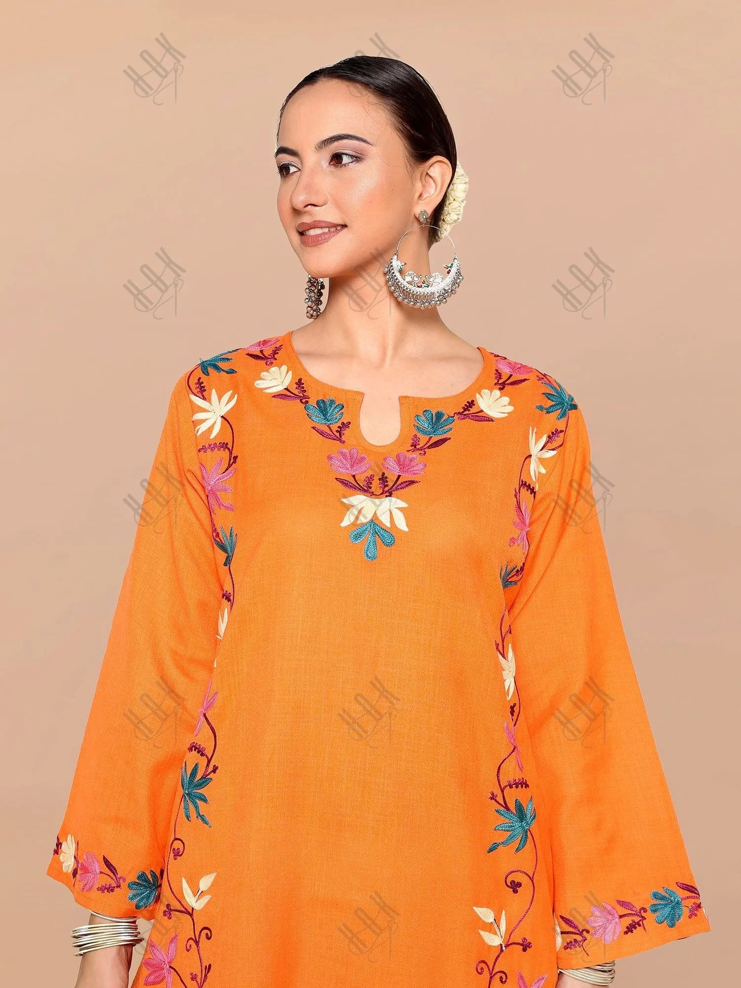 Rishita in Falak Kashmiri Long Kurta - Orange