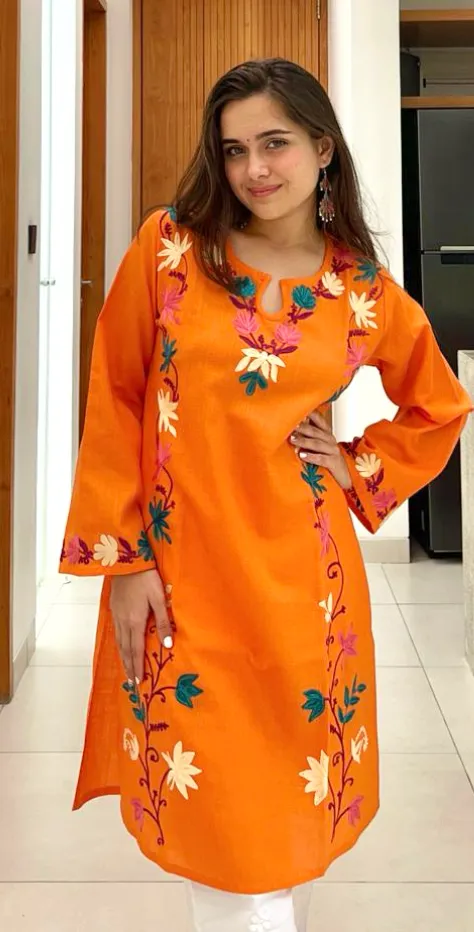 Rishita in Falak Kashmiri Long Kurta - Orange