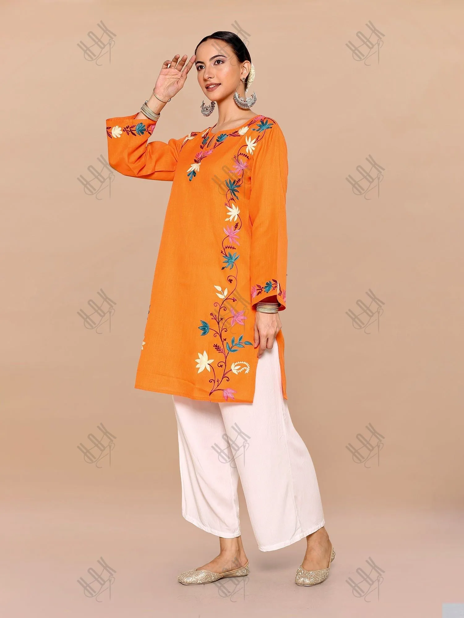 Rishita in Falak Kashmiri Long Kurta - Orange