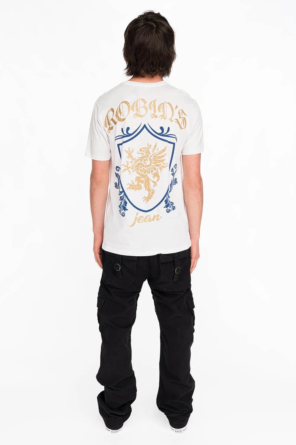 ROBINS GOLD GLITTER EAGLE CREST TEE IN WHITE