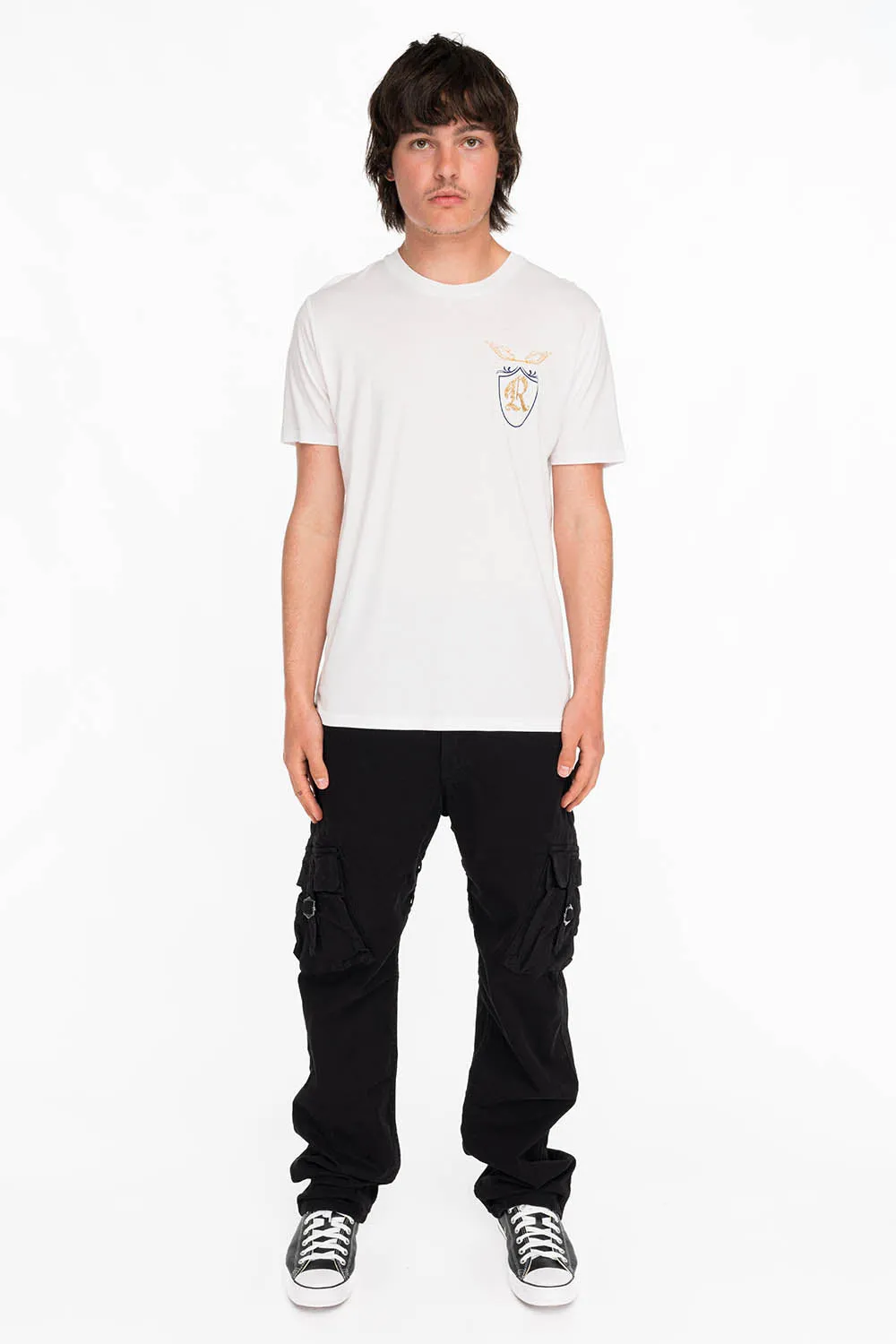 ROBINS GOLD GLITTER EAGLE CREST TEE IN WHITE