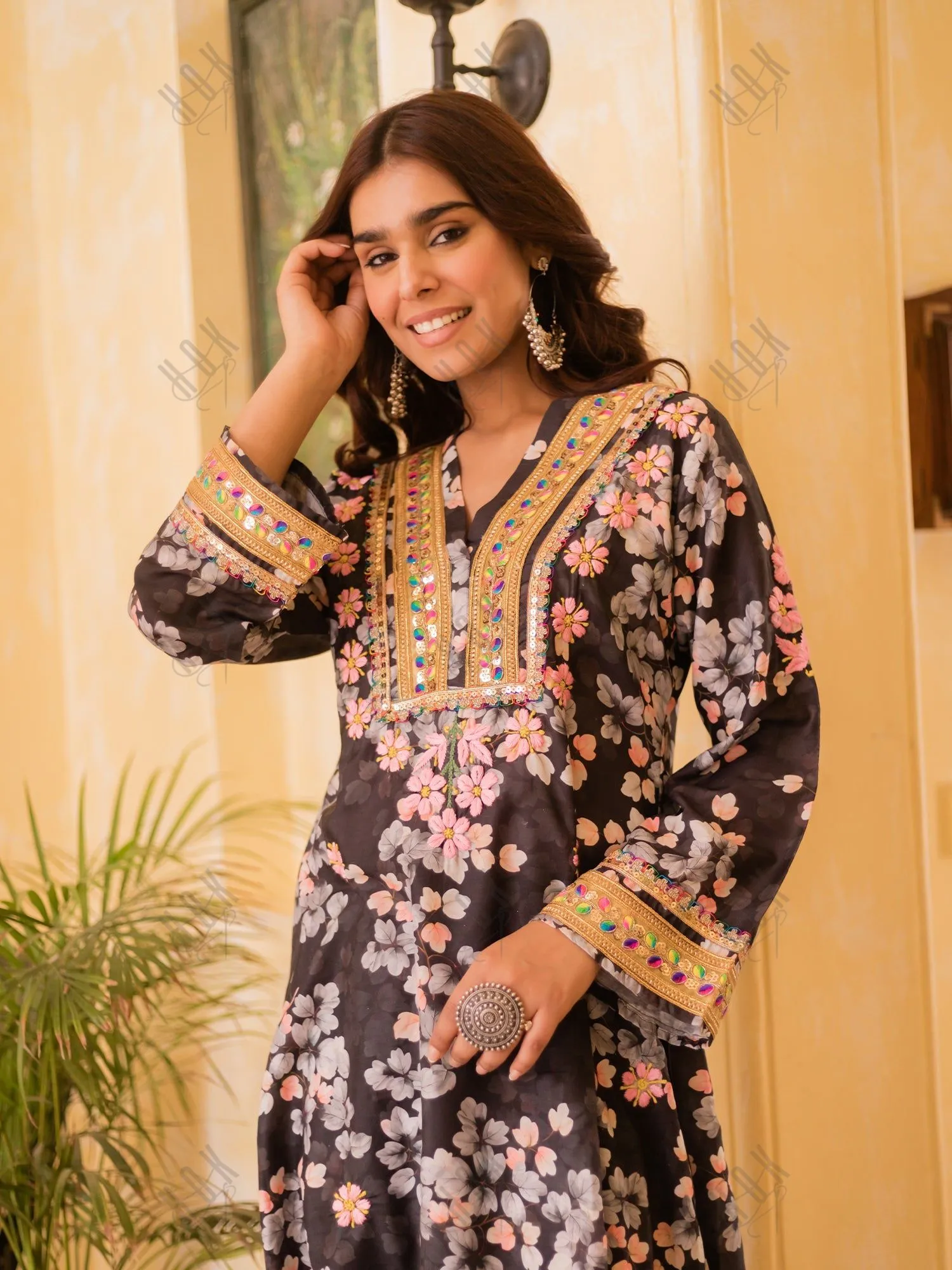 Saba Chikankari Kurta Set in Muslin Silk - Black