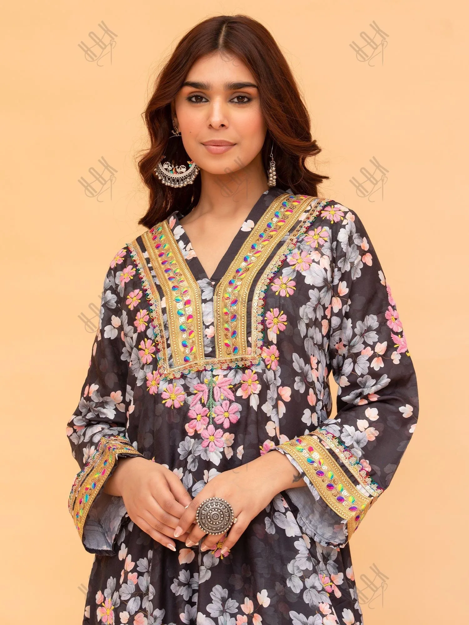 Saba Chikankari Kurta Set in Muslin Silk - Black