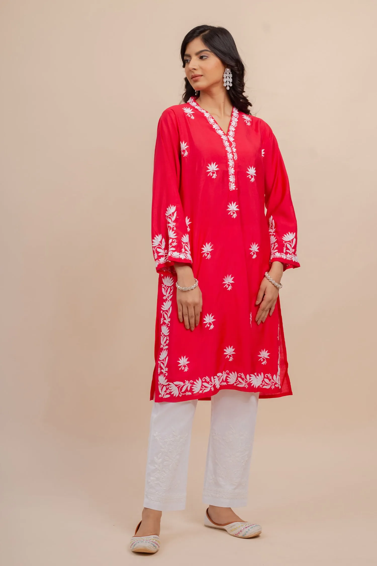 Saba Chikankari Long Kurta In Modal Silk - Red