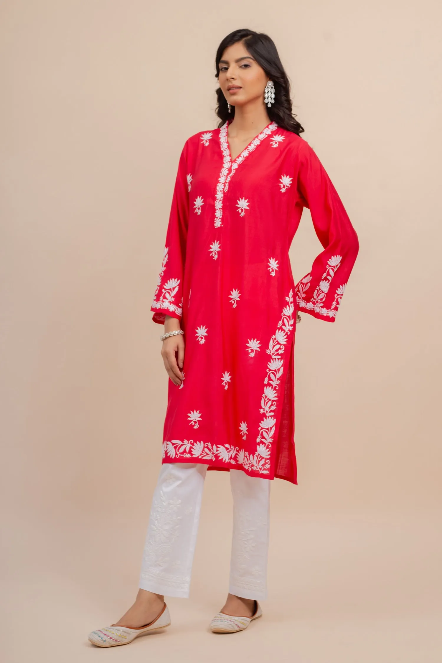 Saba Chikankari Long Kurta In Modal Silk - Red