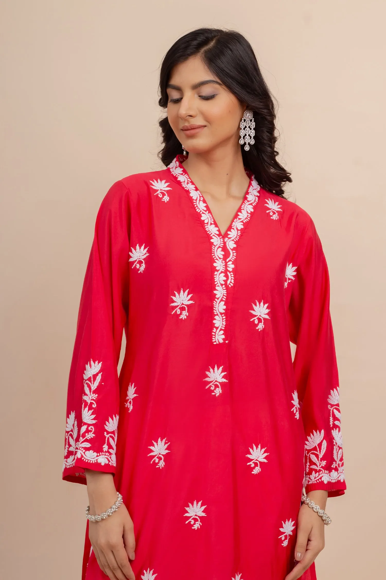 Saba Chikankari Long Kurta In Modal Silk - Red