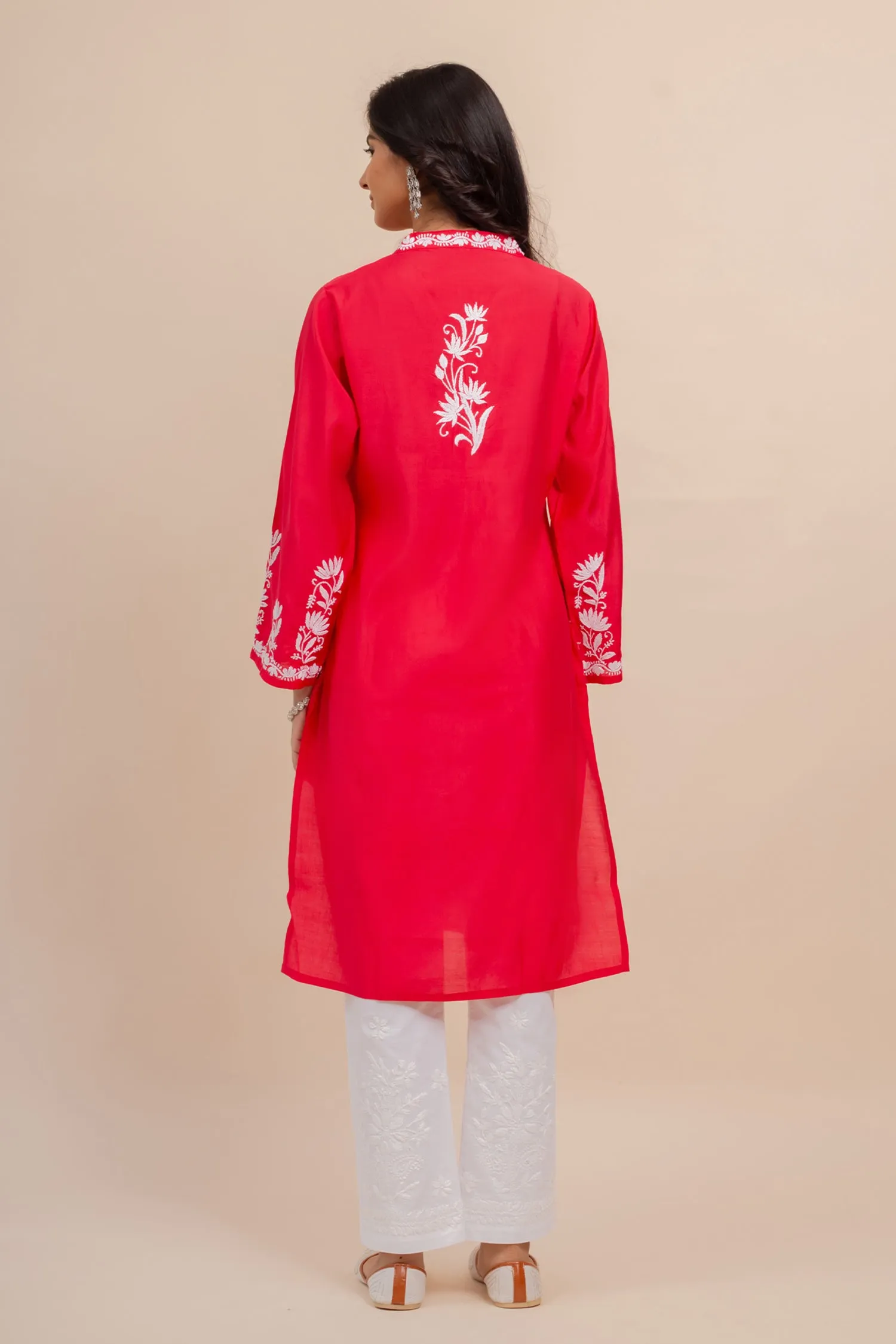 Saba Chikankari Long Kurta In Modal Silk - Red