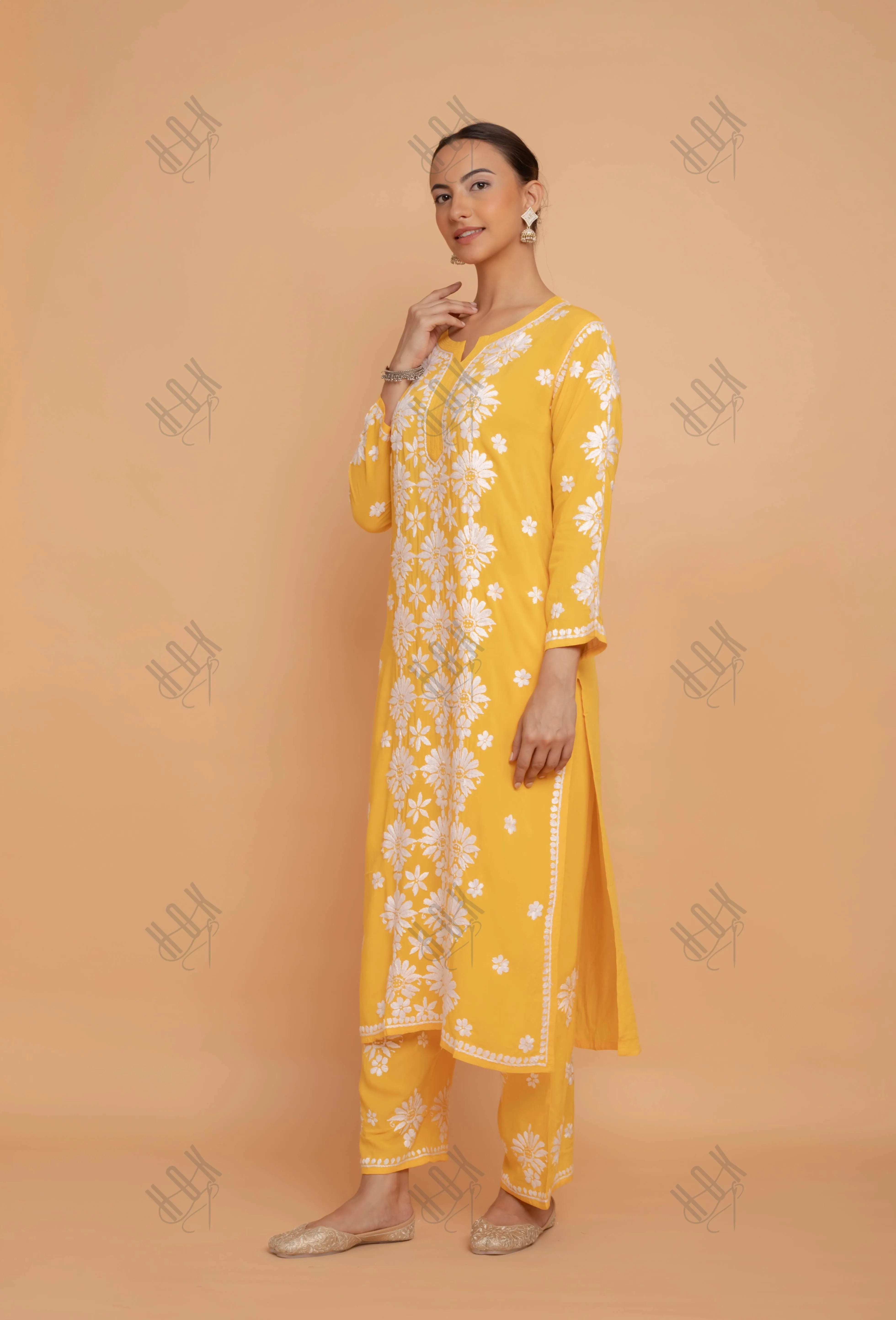 Saba Chikankari Modal Cotton Kurta Set - Mustard