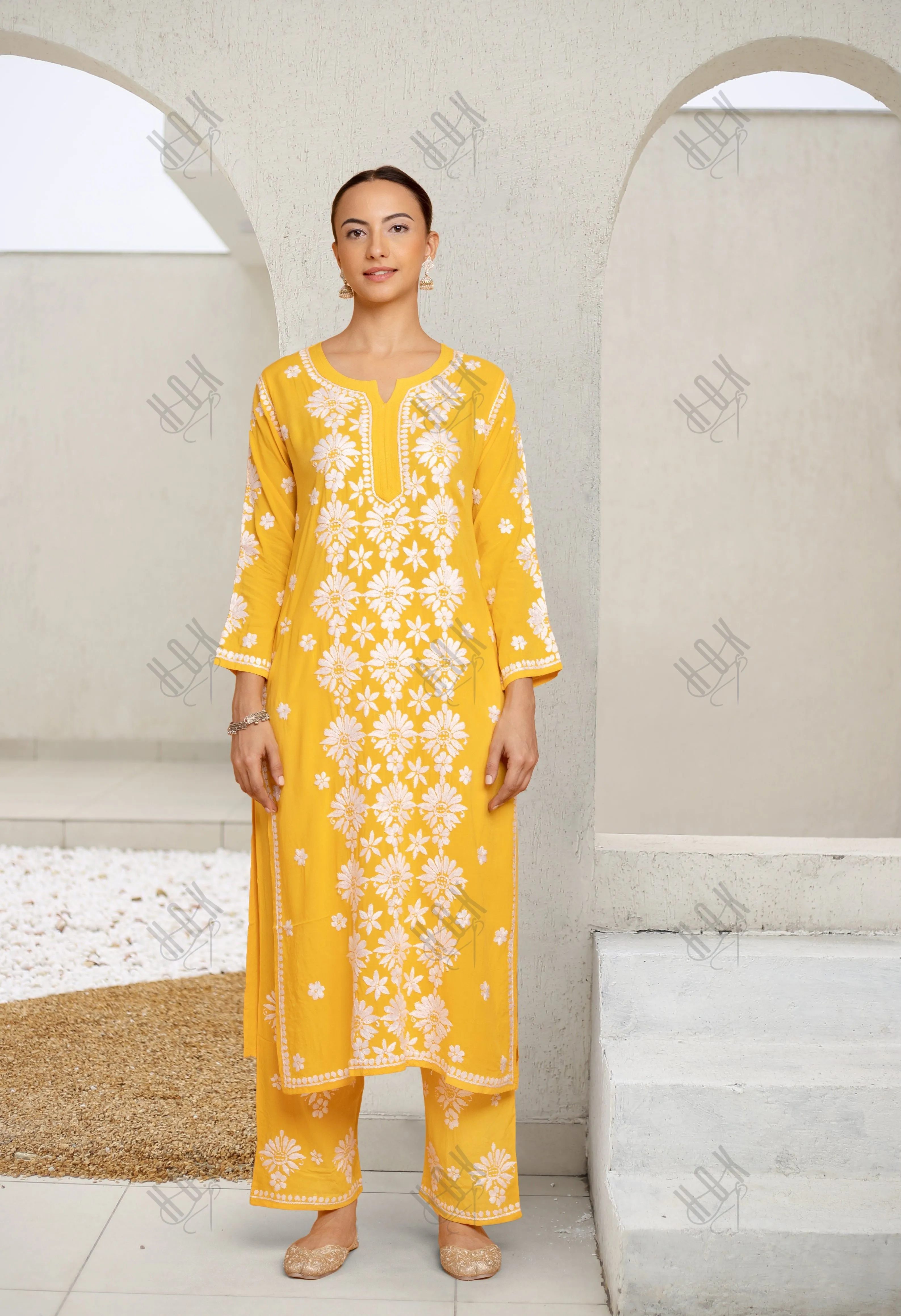 Saba Chikankari Modal Cotton Kurta Set - Mustard