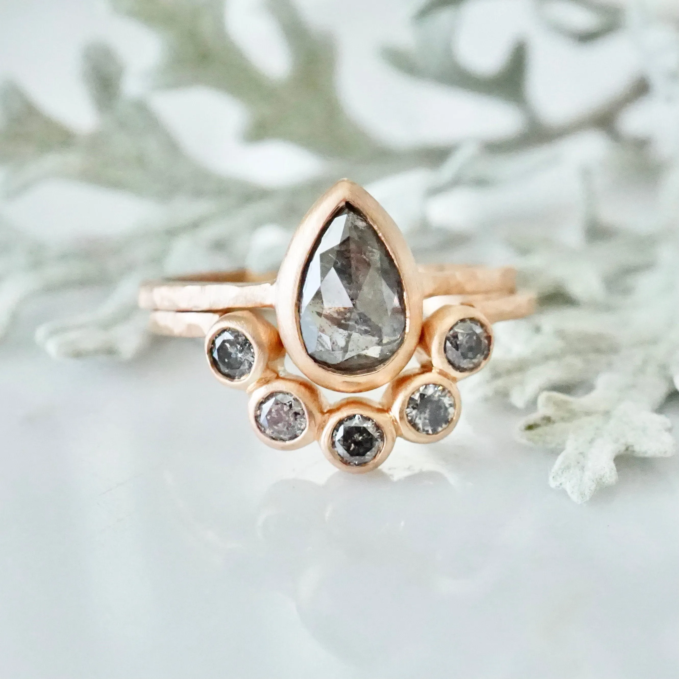 Salt and Pepper Rose Cut Diamond Bridal Set Rose Gold - Rose Gold Grey Diamond Bridal Set - Grey