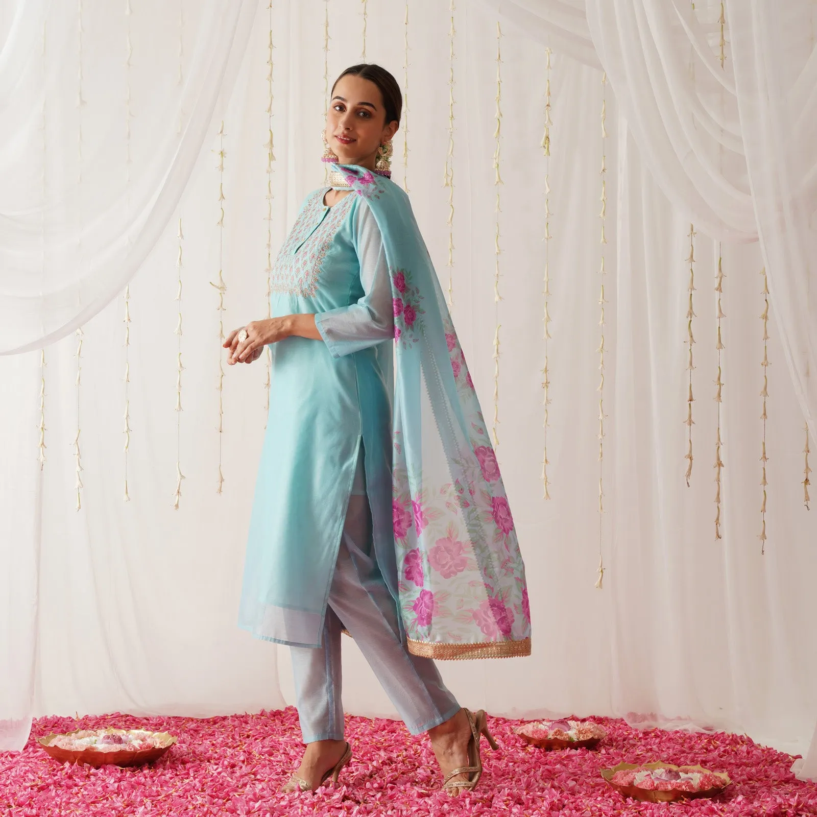 Sky Blue Embroidered Chanderi Kurta Set with Dupatta