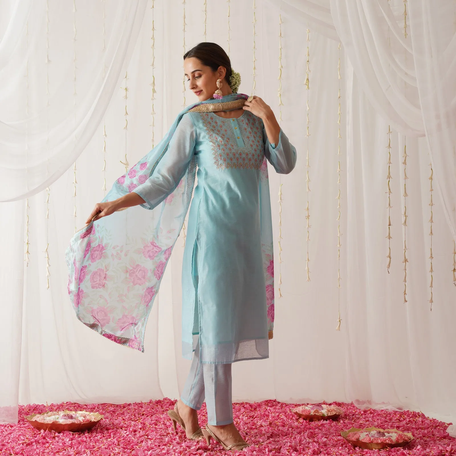 Sky Blue Embroidered Chanderi Kurta Set with Dupatta