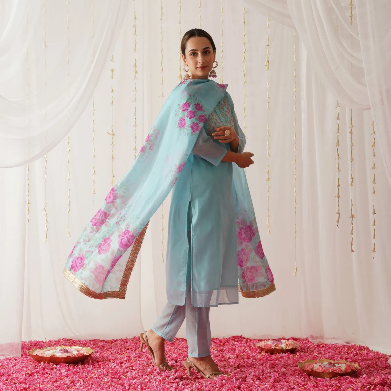 Sky Blue Embroidered Chanderi Kurta Set with Dupatta